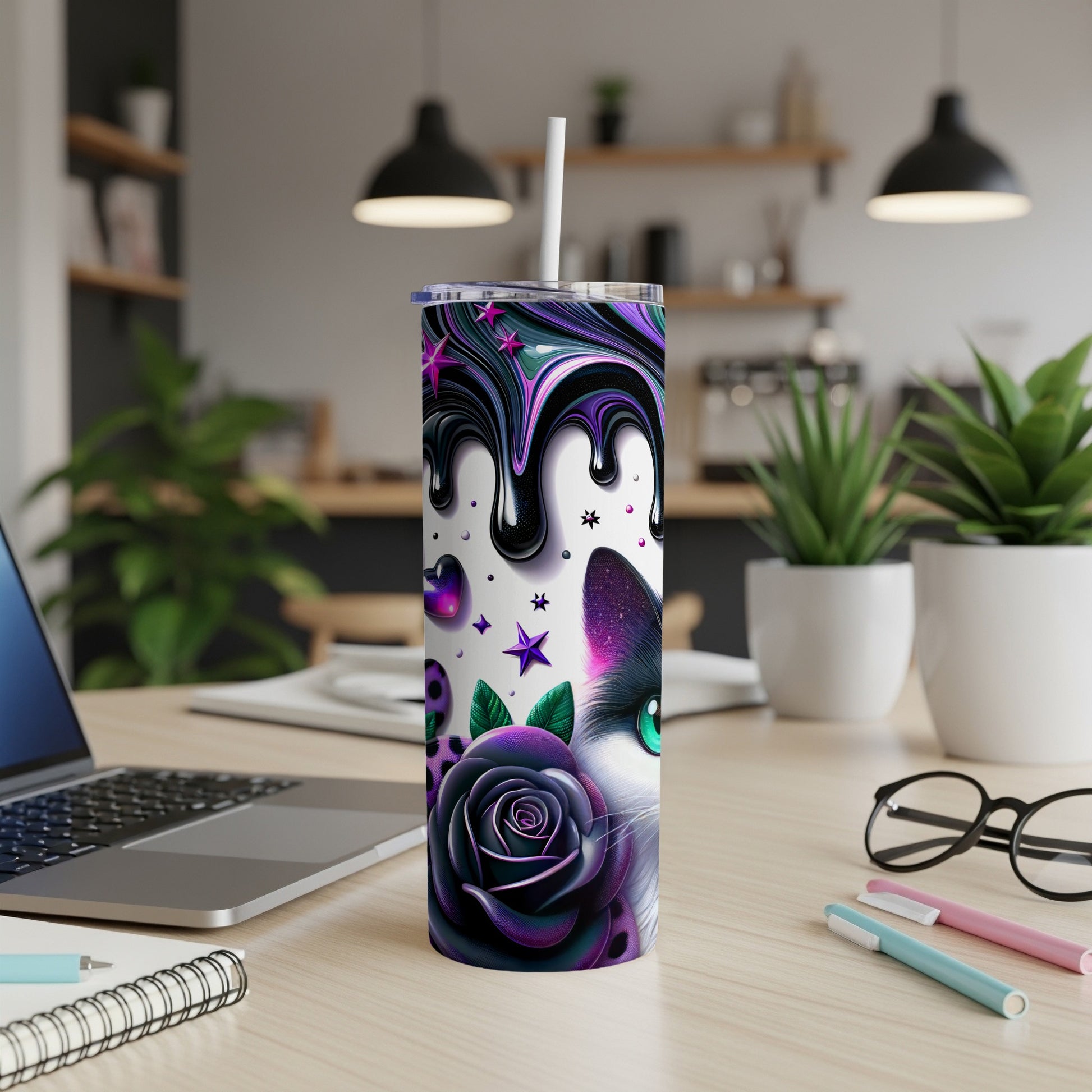 Sleek tumbler with a black cat, galaxy, and rose design, featuring a straw.