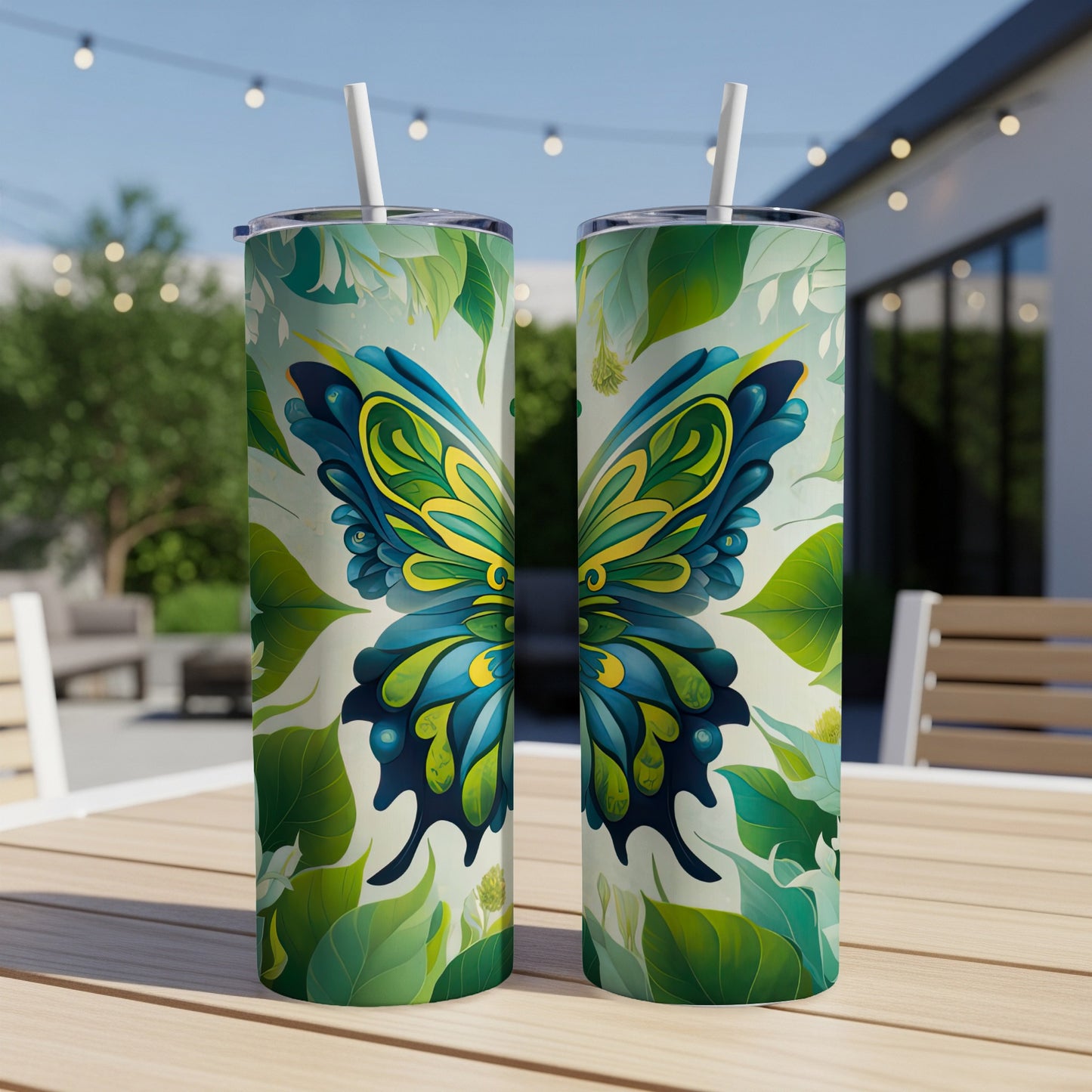 Two tumblers with a colorful butterfly design sit on a table outdoors.