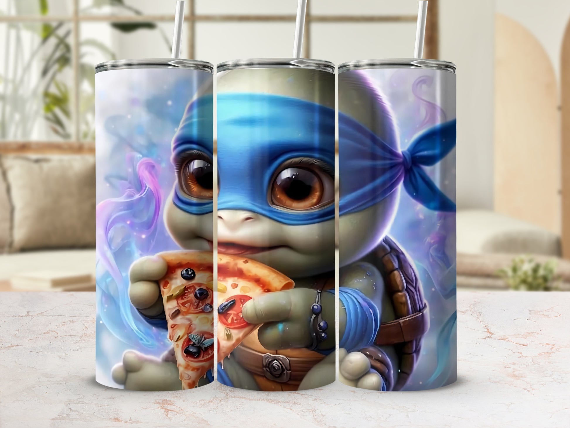Cute Turtle Drinking Tumbler with Pizza Art Design