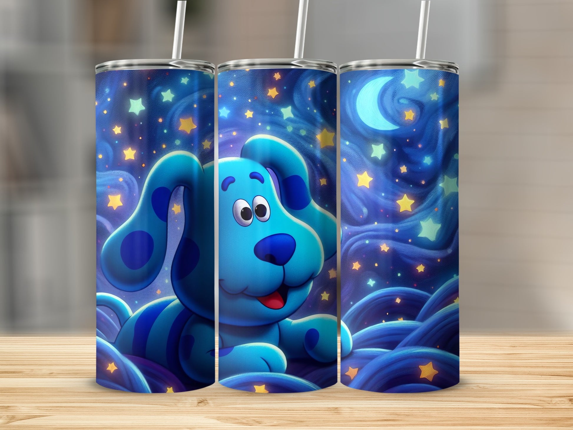 Cute Blue Dog in Night Sky Stainless Steel Tumbler