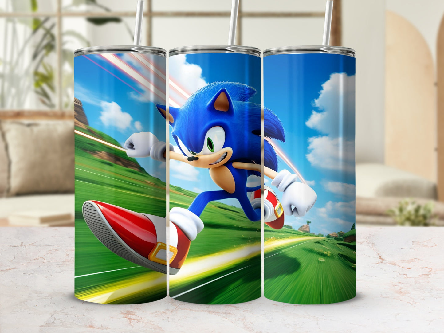 Sonic the Hedgehog running at high speed on a green track.
