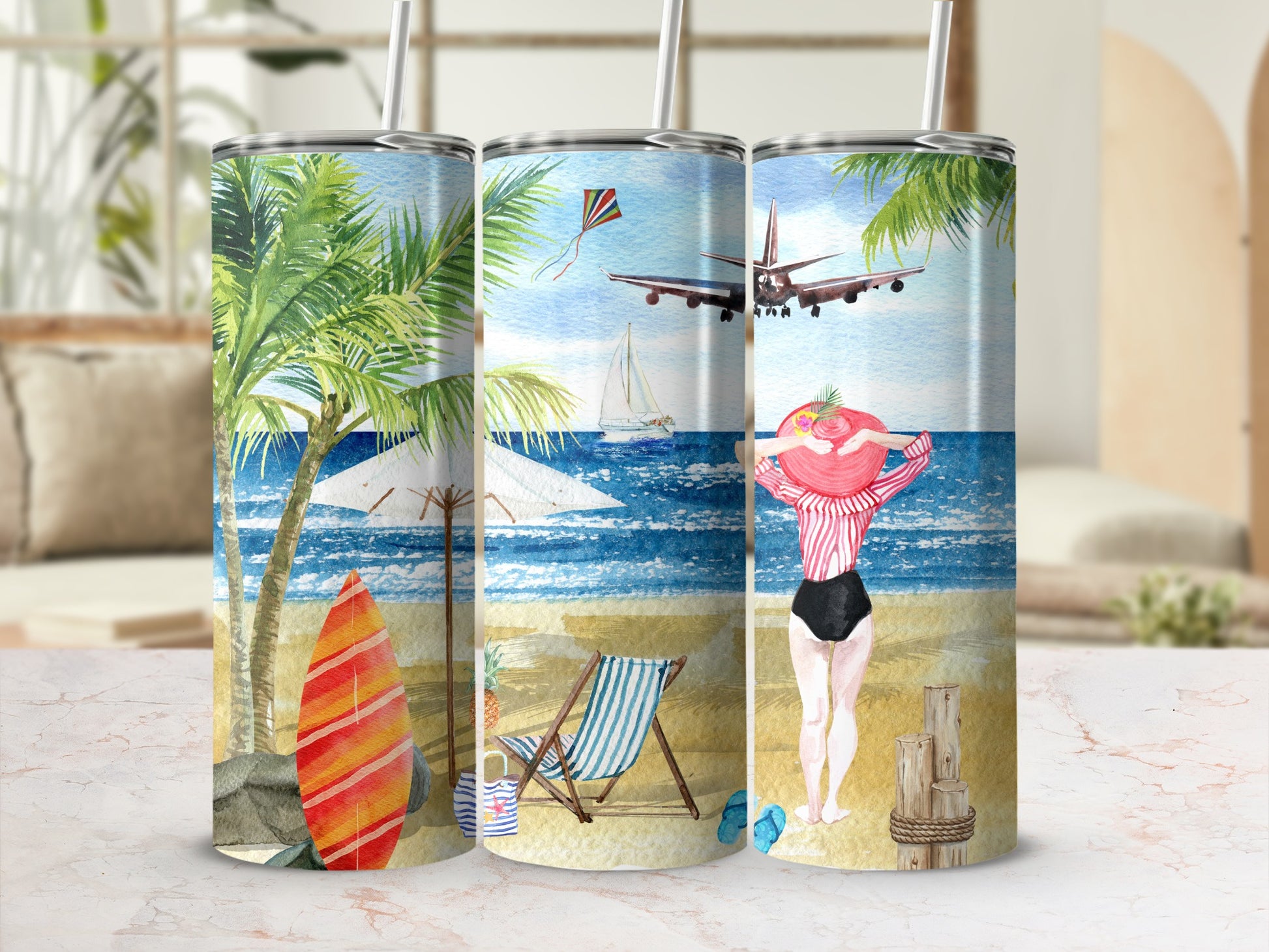Three tumblers display a beach scene with palm trees, a sailboat, and a plane.