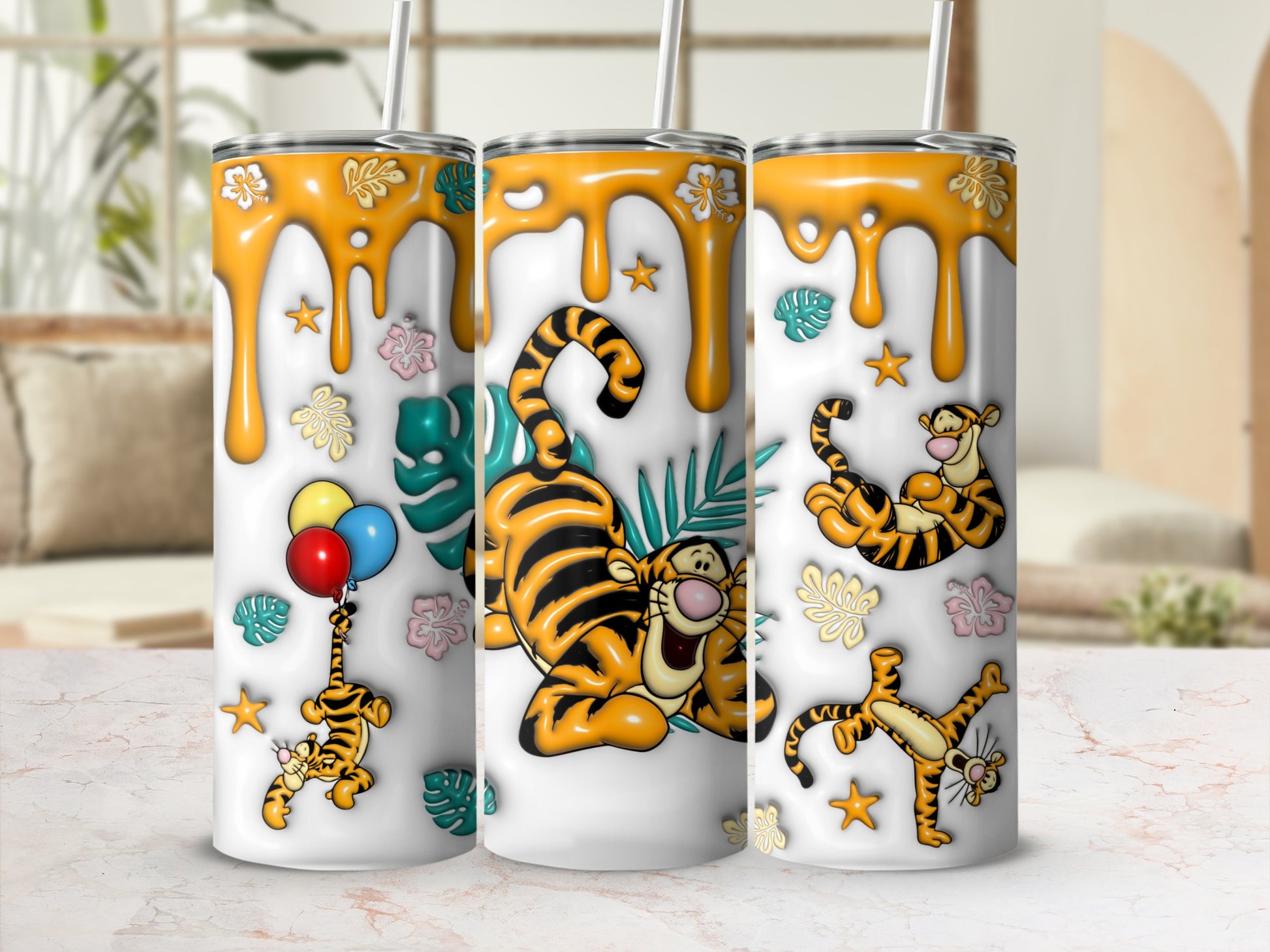 Tigger character with balloons, stars, and dripping paint on a tumbler.