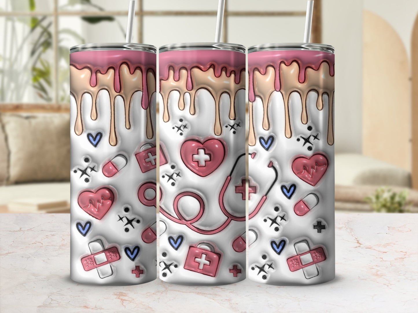 Pink dripping design on three nurse-themed tumblers with heart and medical icons.