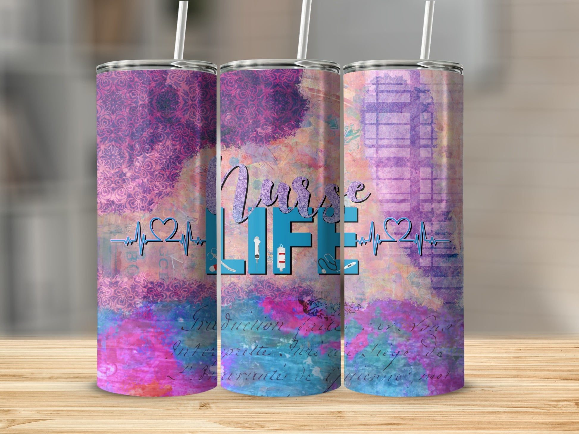 Three tumblers with abstract purple and pink designs and "Nurse Life" text.