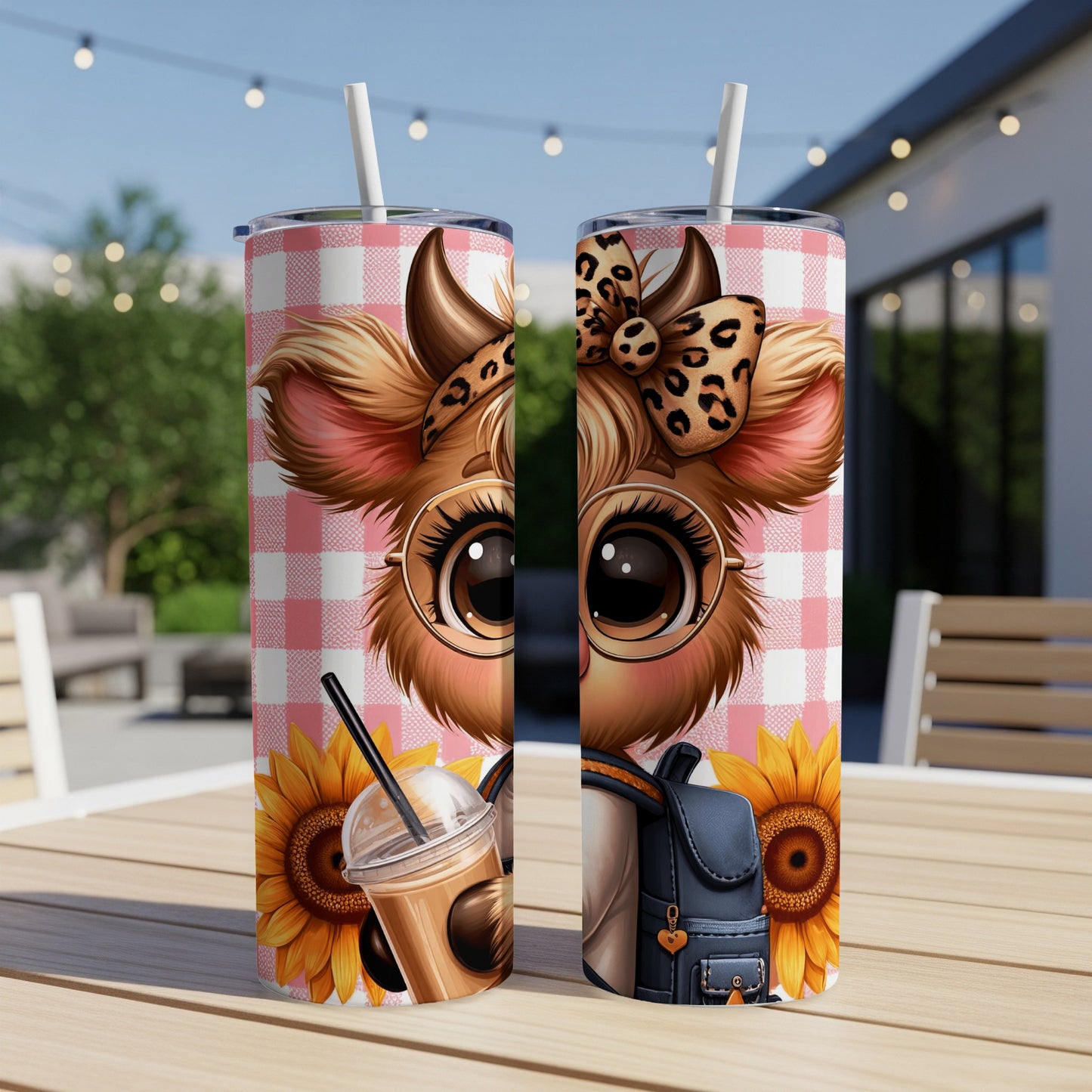 Two skinny tumblers with cow face design, sunflowers, and plaid background.