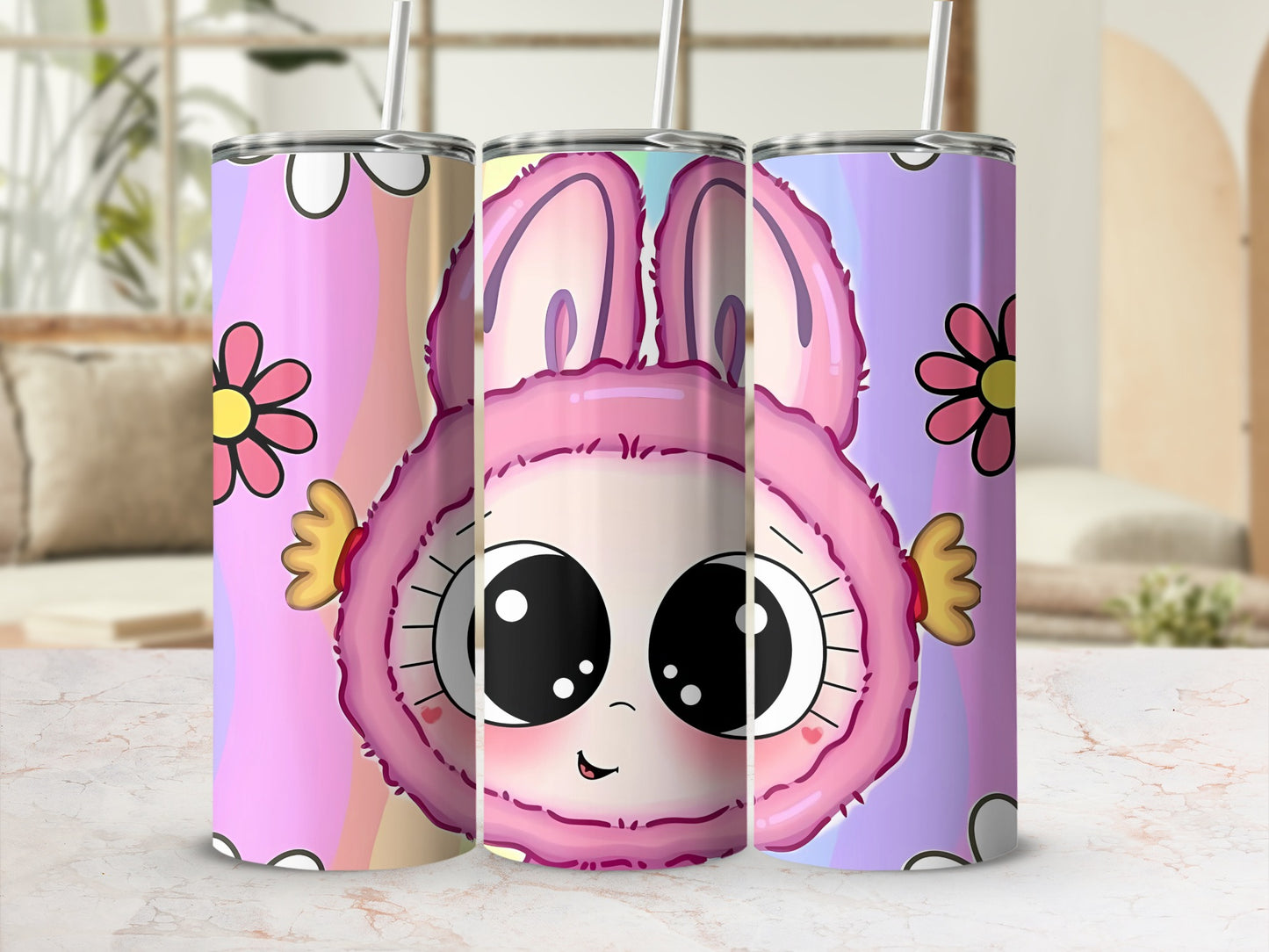 Cute Pink Bunny Design with Flowers Tumbler Product