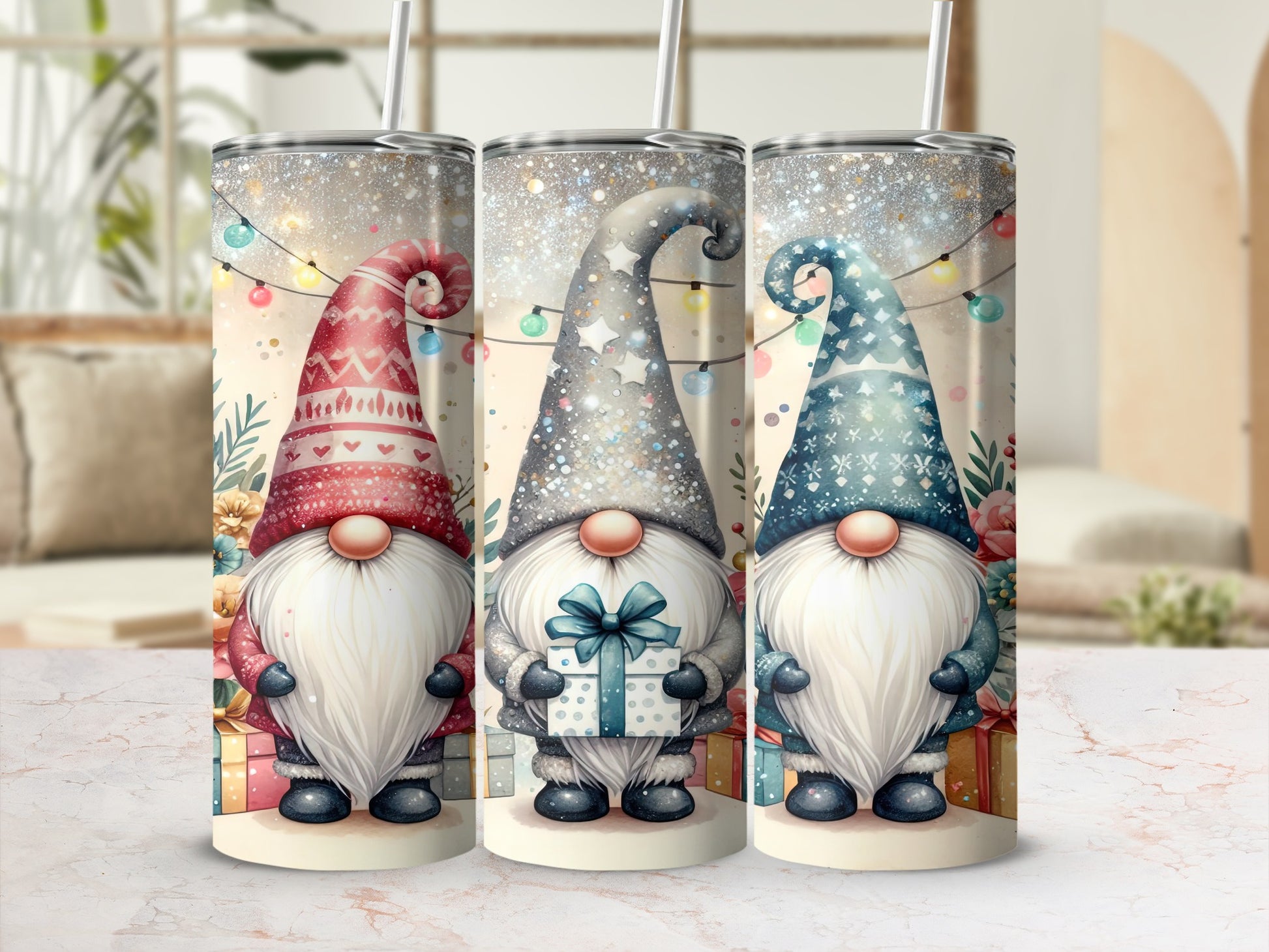 Three gnomes in festive hats holding gifts and standing amongst presents.