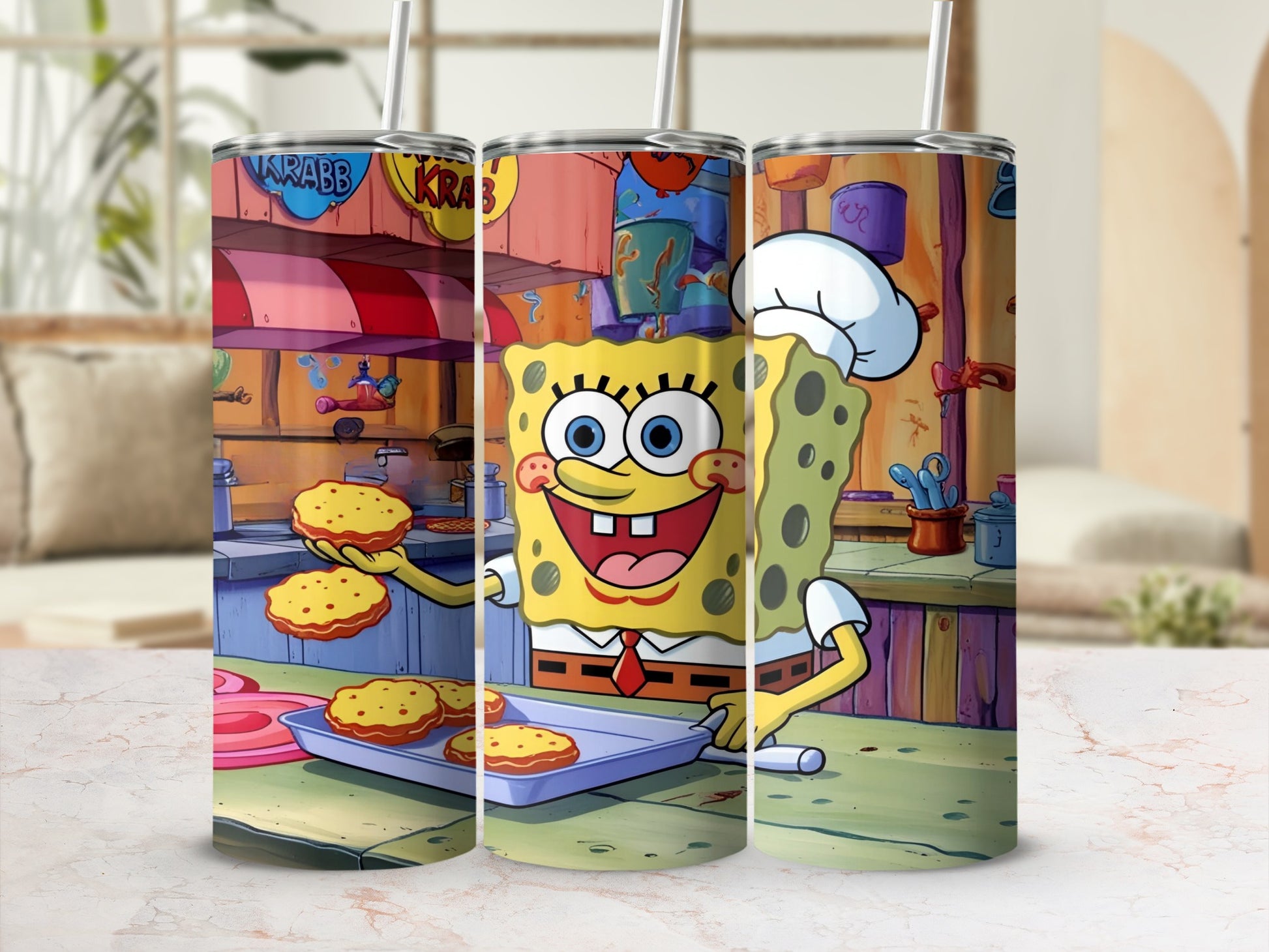 SpongeBob SquarePants wearing a chef's hat holding Krabby Patties.