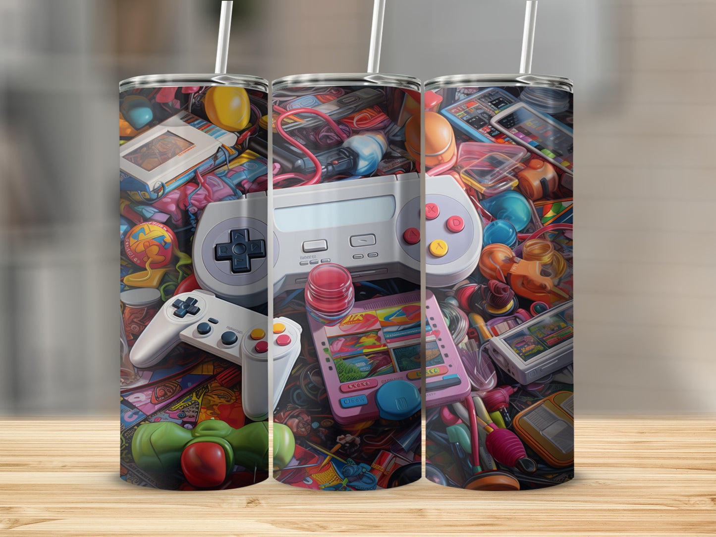 Collage of colorful retro video games and toys on a wooden surface.