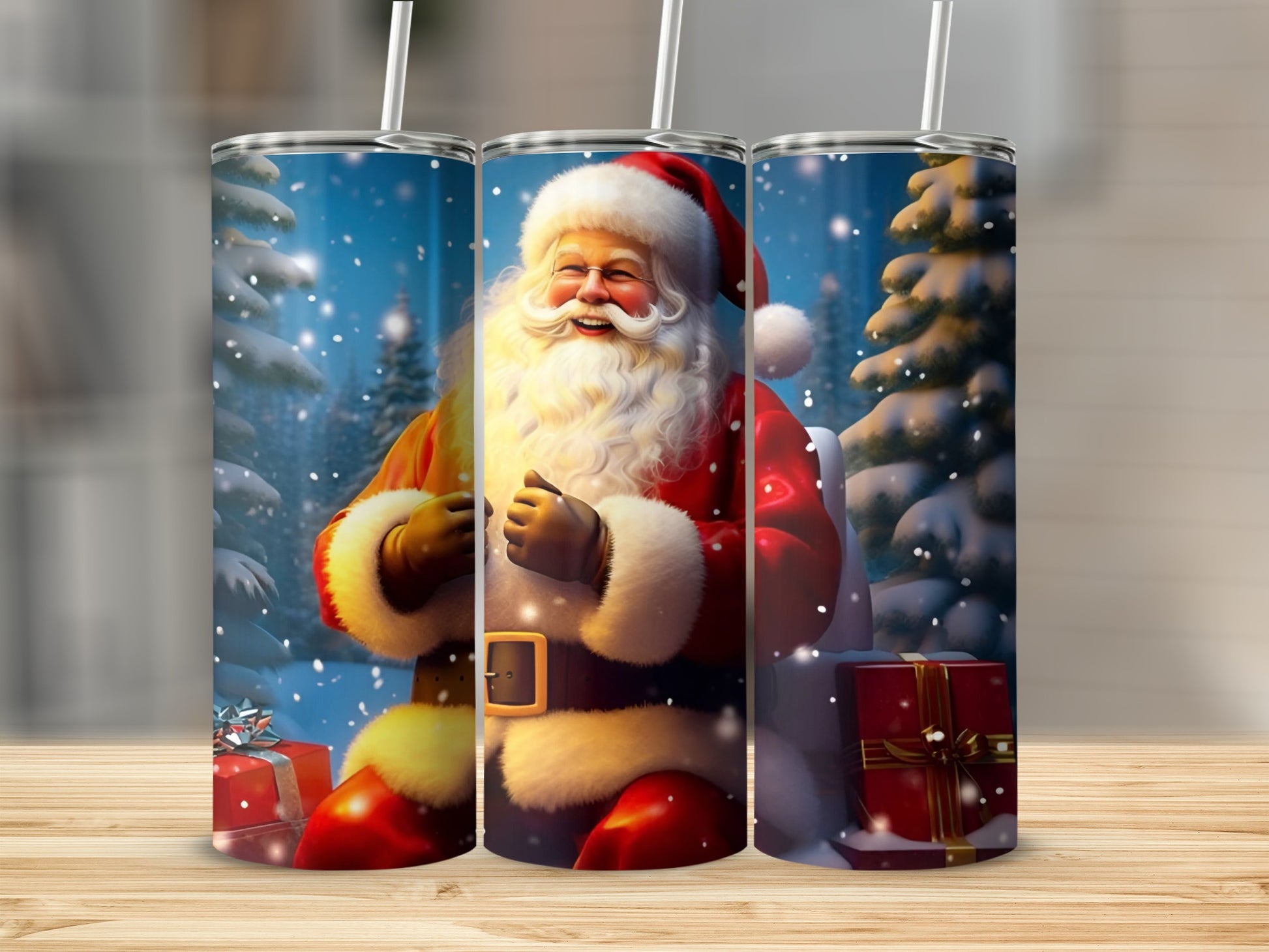 Festive Santa Claus Snowy Scene Holiday Tumbler Cup