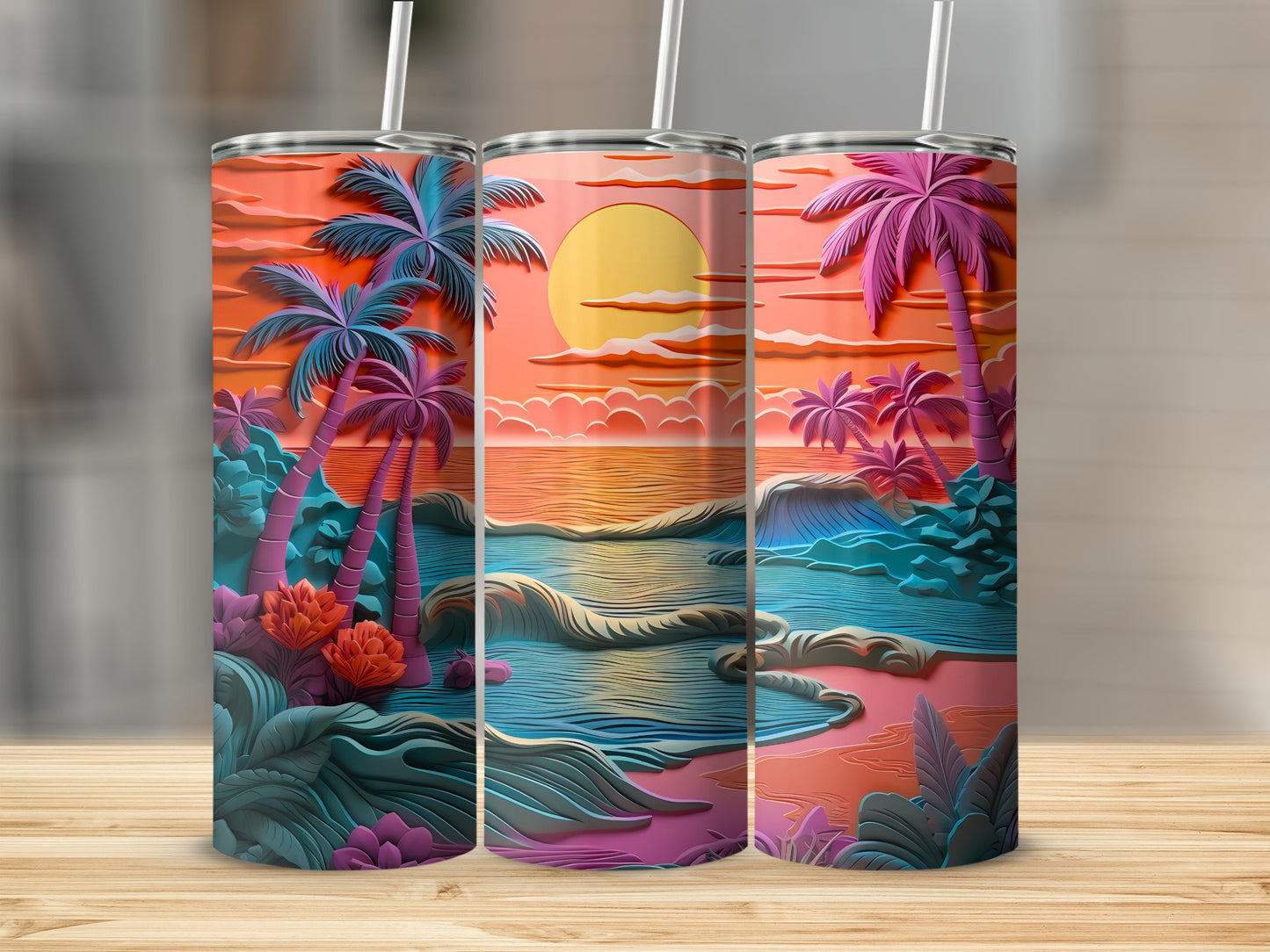 Vibrant Tropical Sunset Ocean Palm Trees Artistic Waves product type