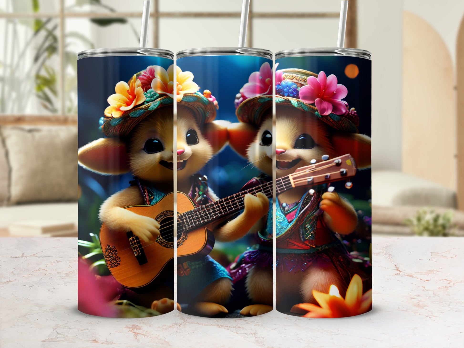 Two cute cartoon mice play acoustic guitars, wearing flower hats and colorful outfits.