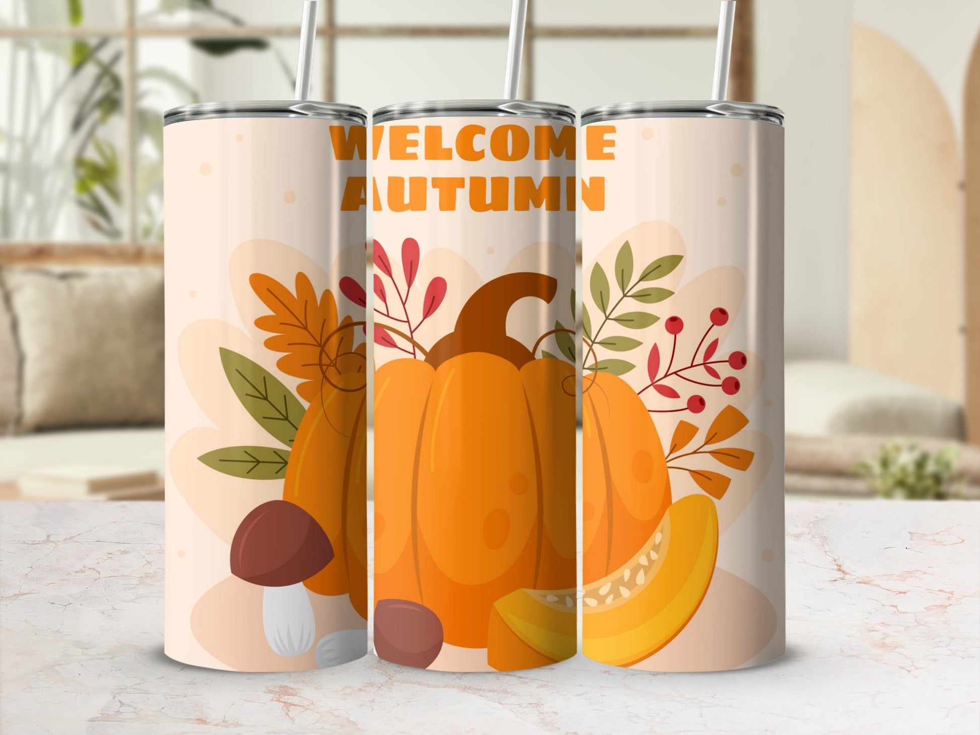 Welcome Autumn Pumpkin Design Tumbler Beverage Holder