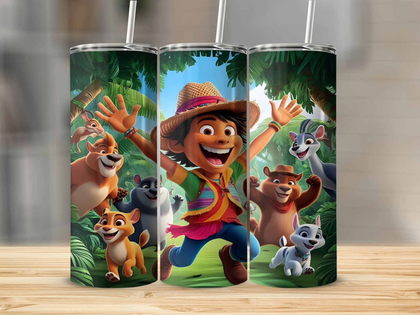 Animated boy with straw hat and jungle animals on a patterned tumbler.