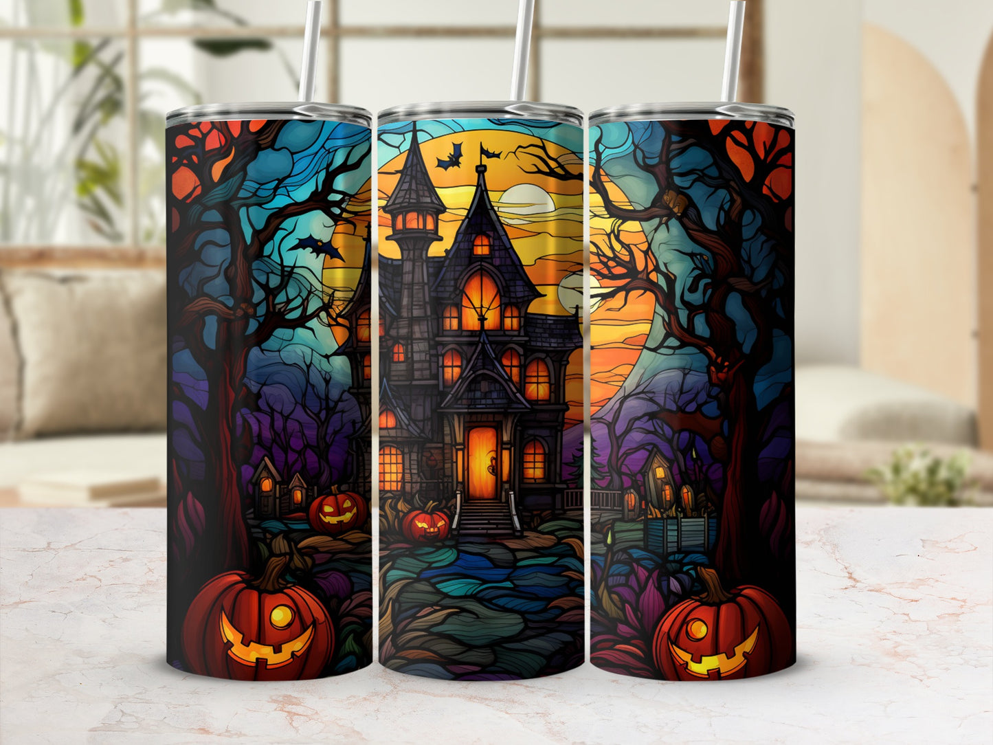 Haunted house with pumpkins and bats under a full moon.