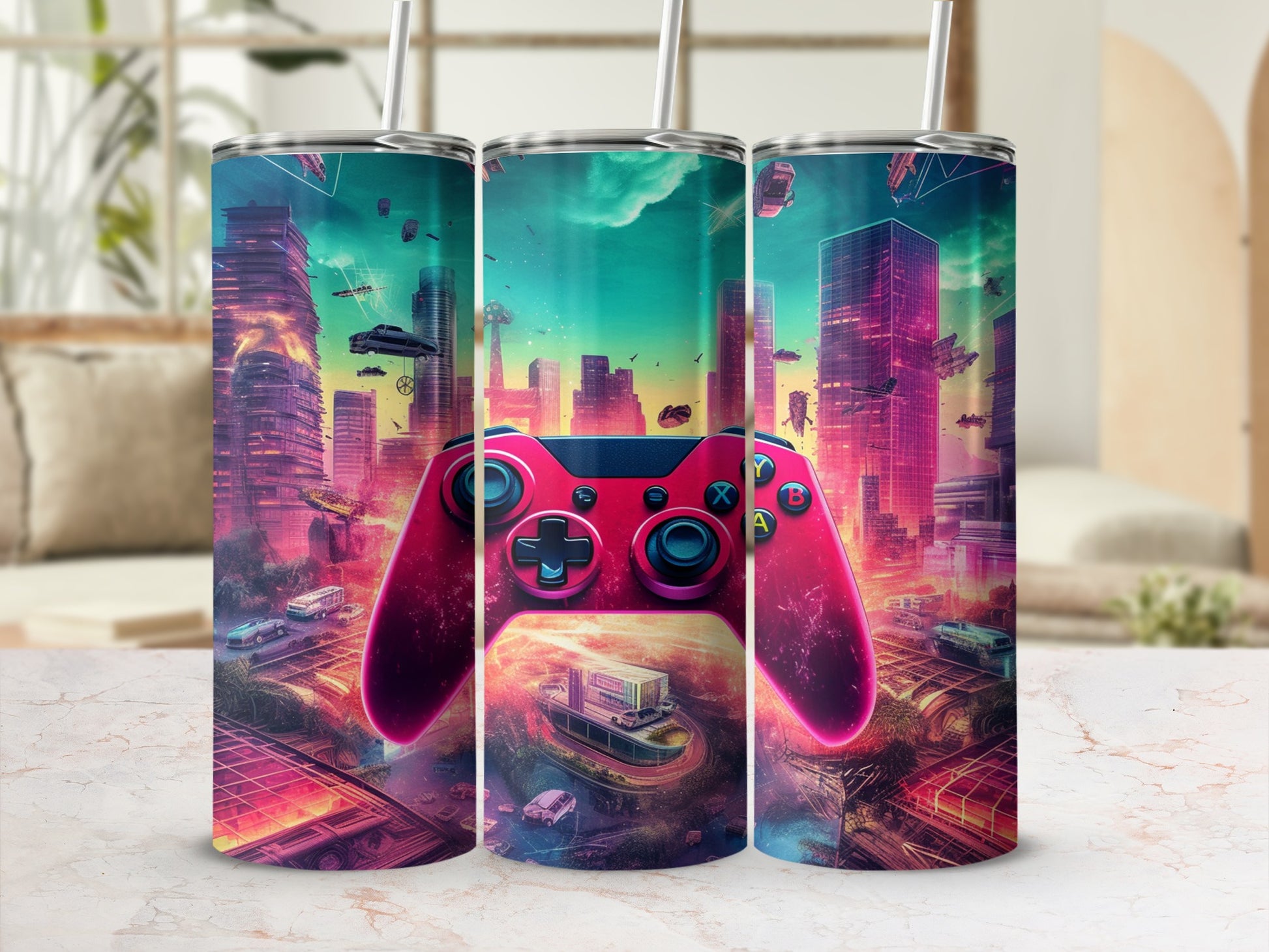 Pink video game controller with futuristic cityscape background.