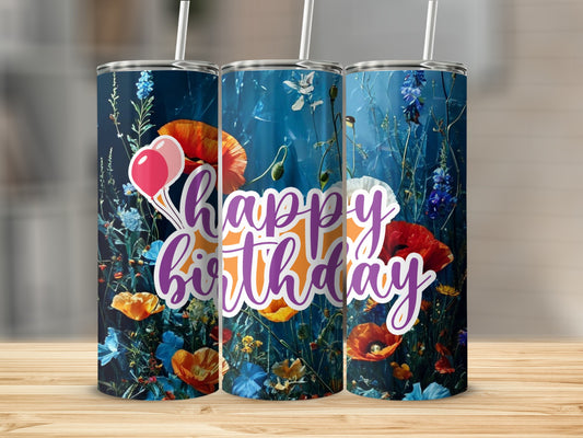 Tumbler with "Happy Birthday" text and colorful wildflowers.