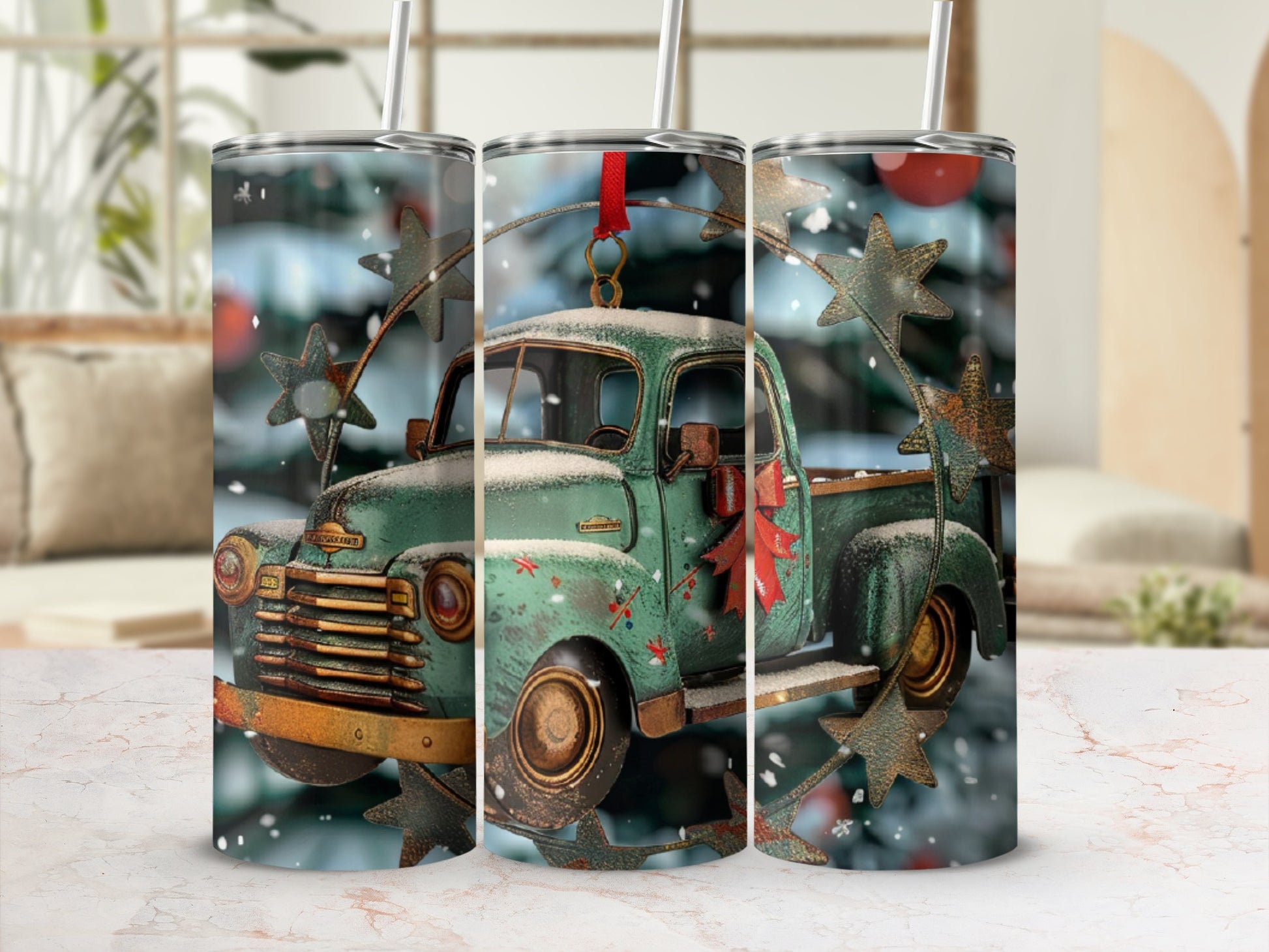 Vintage green truck with wreath and bow, festive winter scene background.