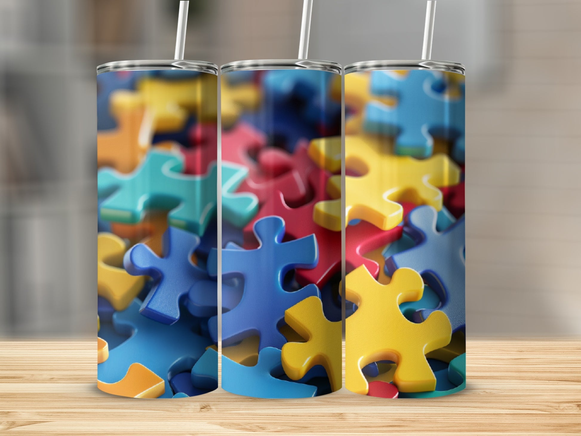 Trio of colorful puzzle pieces on a wooden surface.