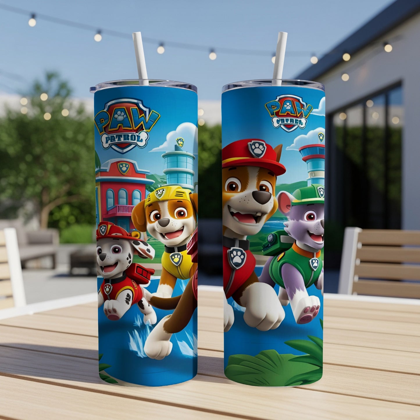 Paw Patrol characters Ryder, Chase, and Rubble on a blue background.