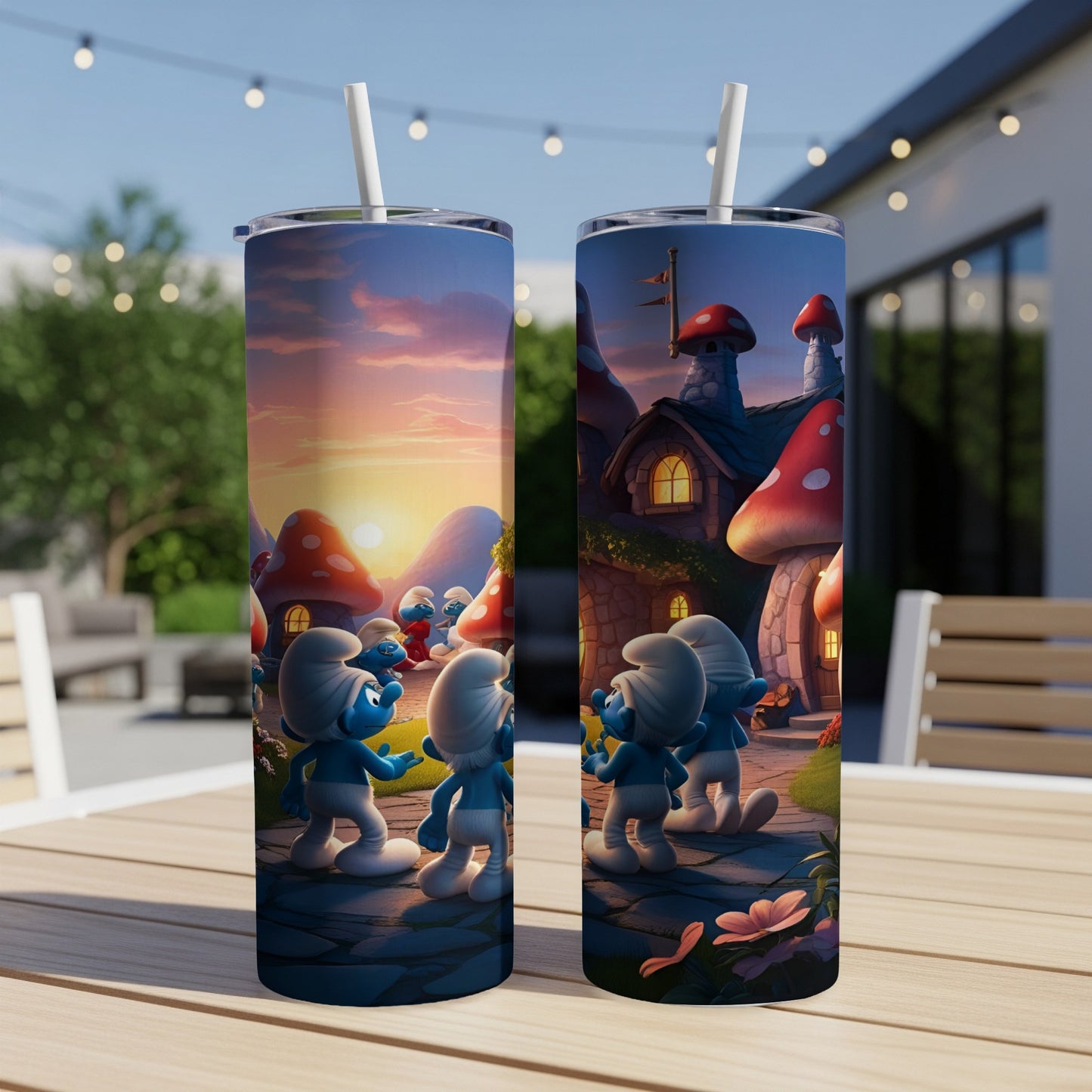 Smurfs walking in a village at sunset.
