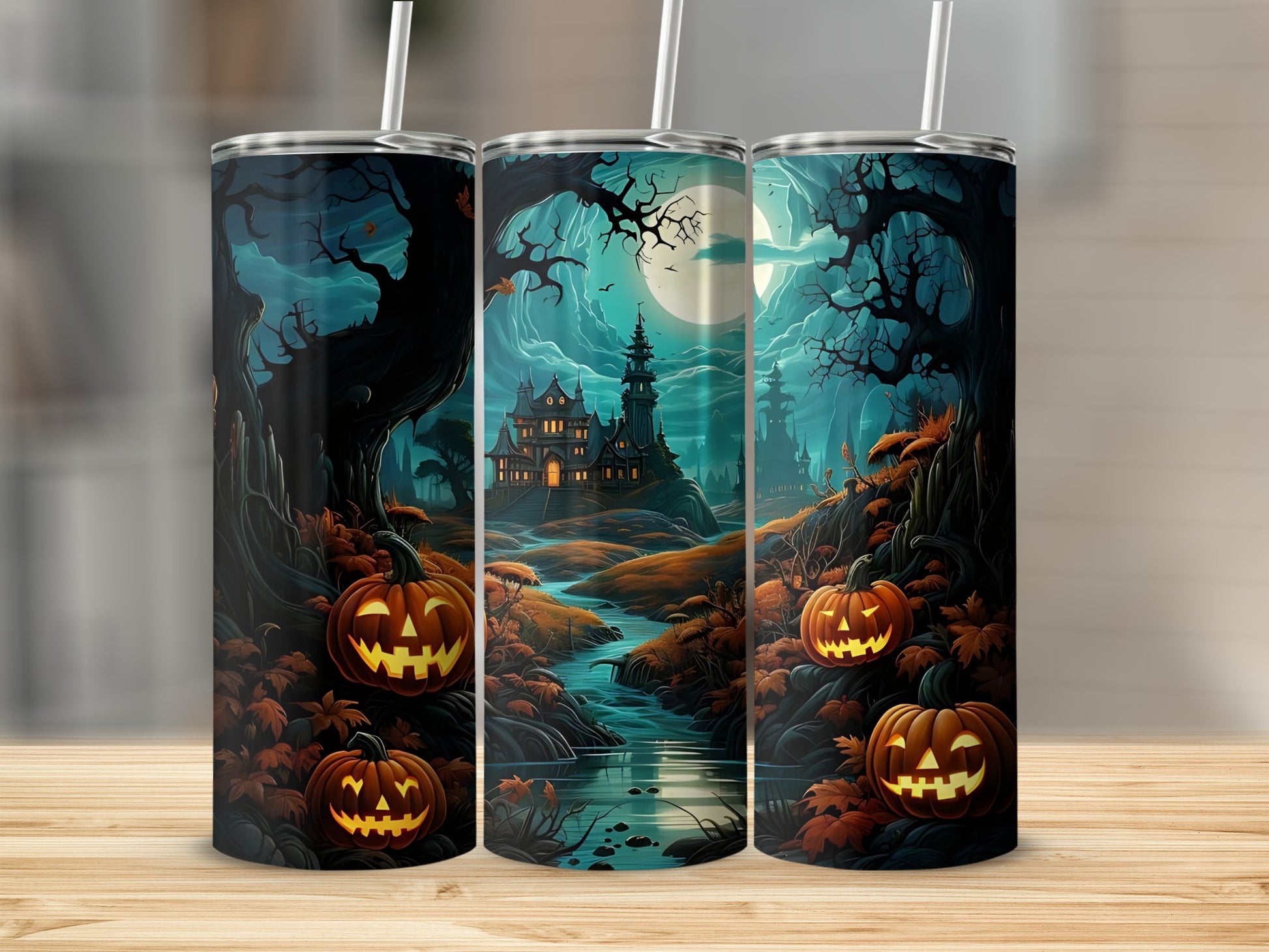 Three tumblers featuring a spooky Halloween forest scene with jack-o'-lanterns and a haunted house.