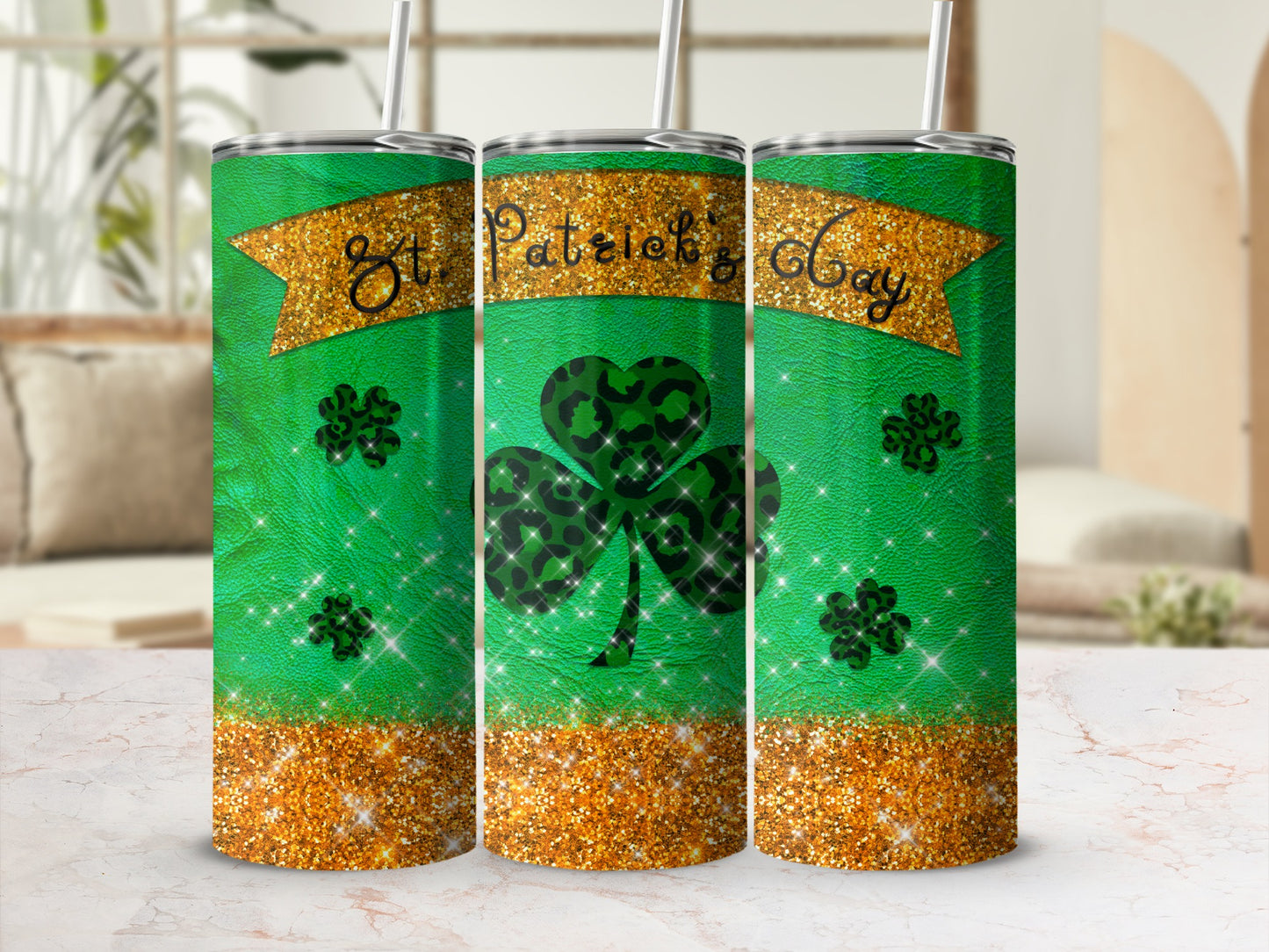 Green St. Patrick's Day tumbler with glitter and shamrock pattern.