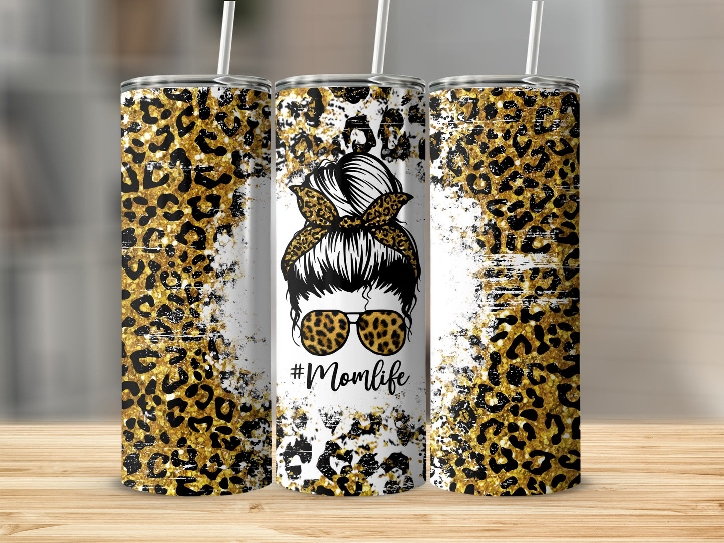 Glittering leopard print tumbler with messy bun and sunglasses, #Momlife.