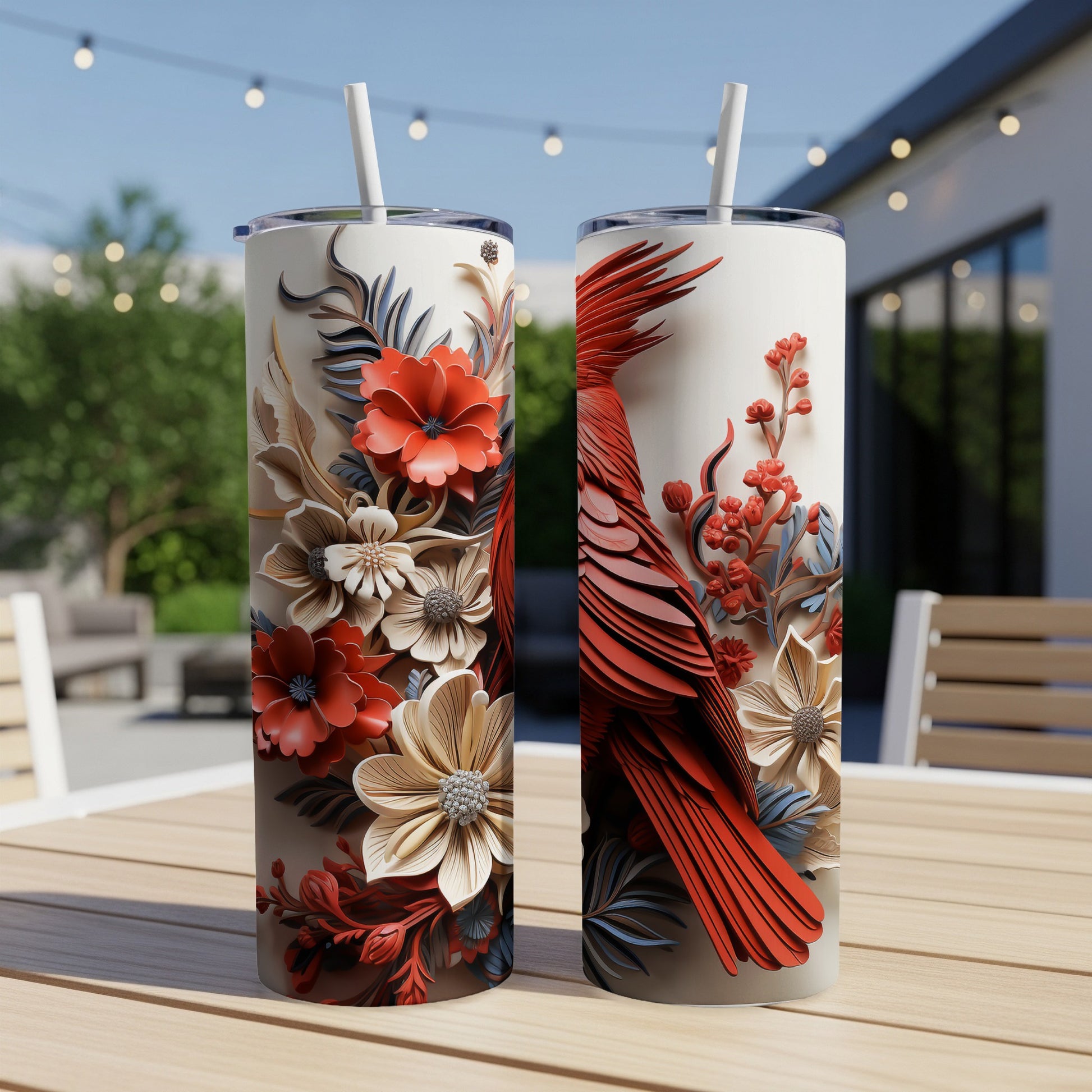 Two tumblers featuring a red cardinal and floral designs, on a wooden table.