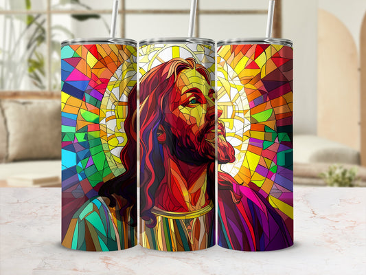 Stained glass Jesus portrait on three tumblers with straws.