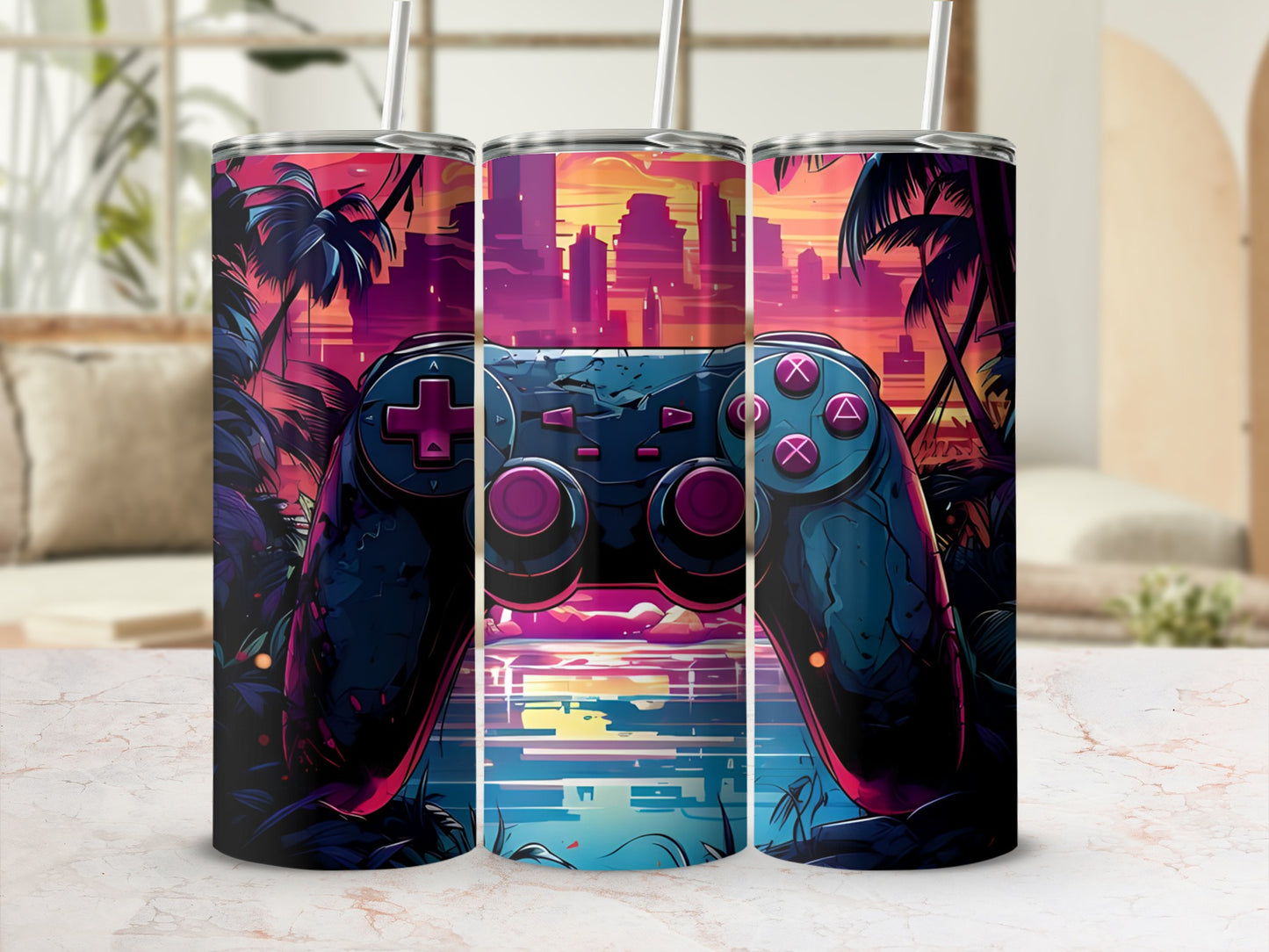 Triptych of a video game controller against a colorful tropical sunset cityscape.
