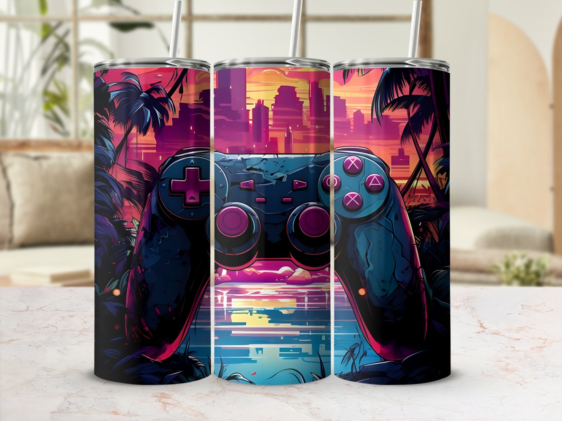 Triptych of a video game controller against a colorful tropical sunset cityscape.