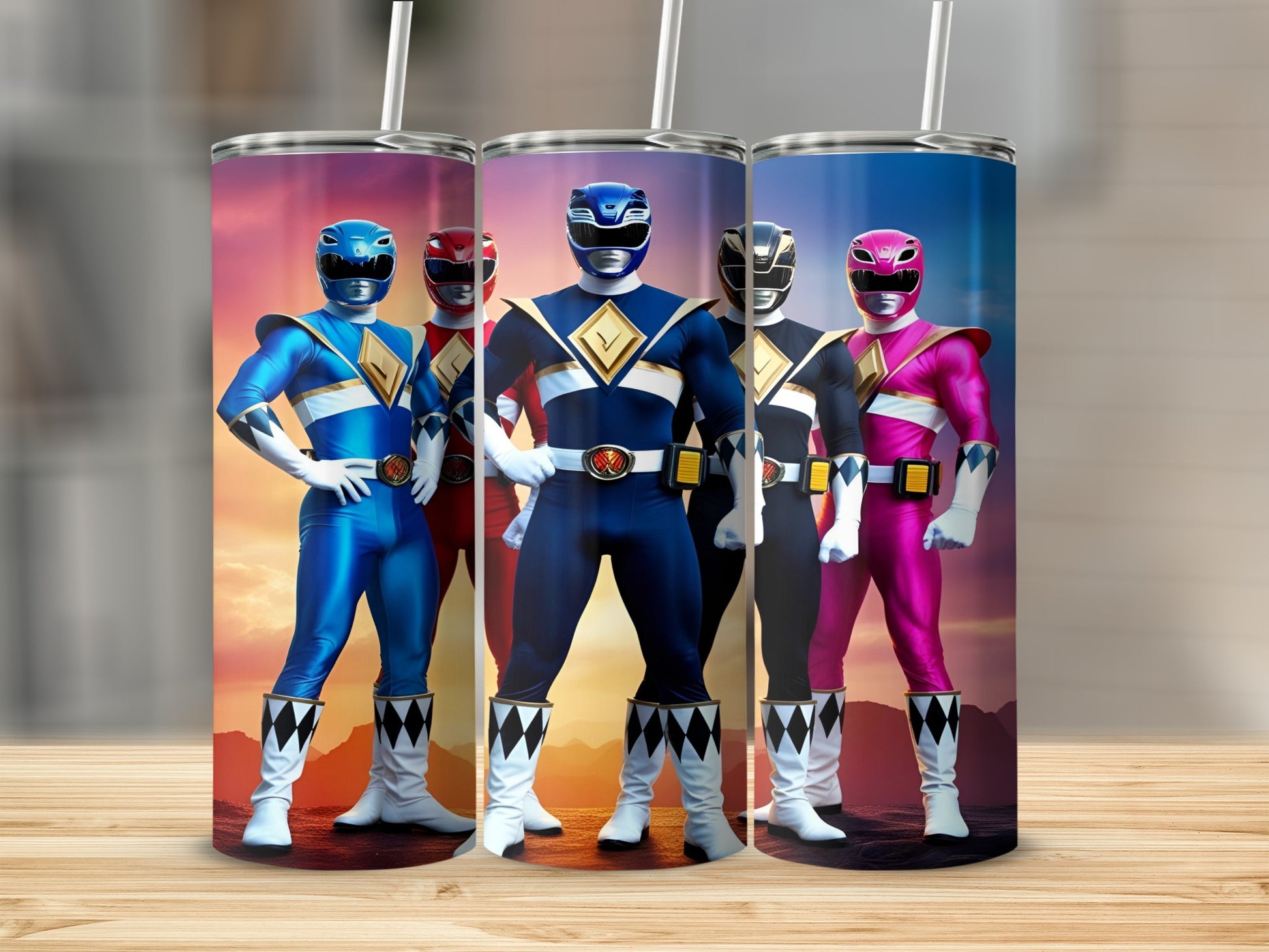 Three Mighty Morphin Power Rangers standing together with a sunset background.