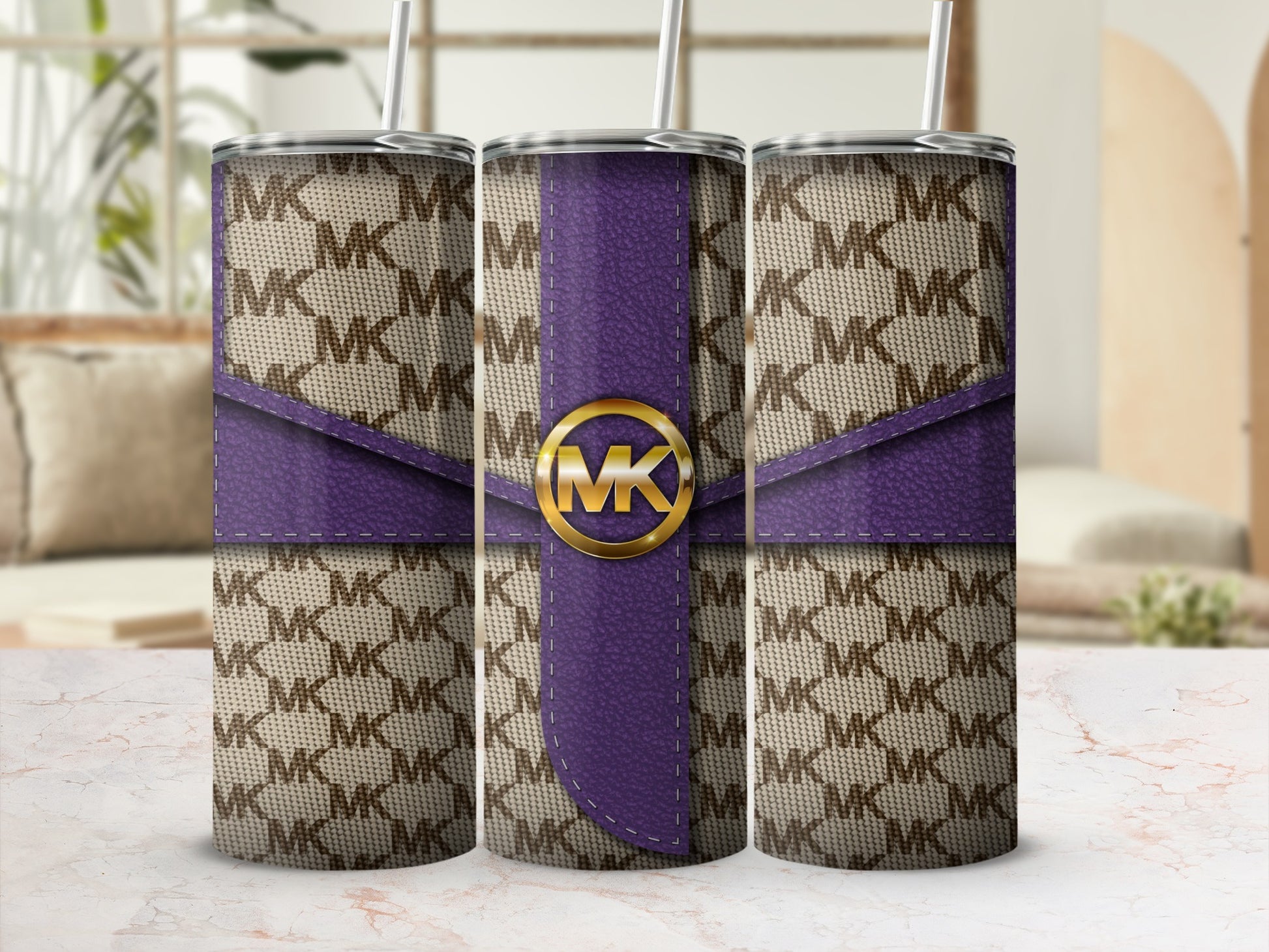 Stylish Purple Pattern MK Branded Custom Tumblers Set