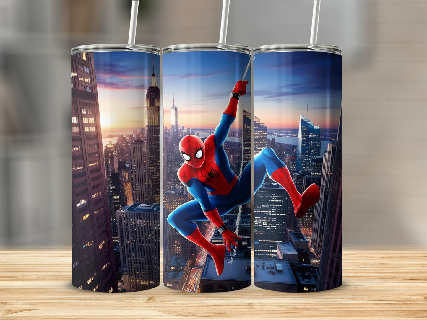 Spiderman swinging through a cityscape on a tall tumbler.