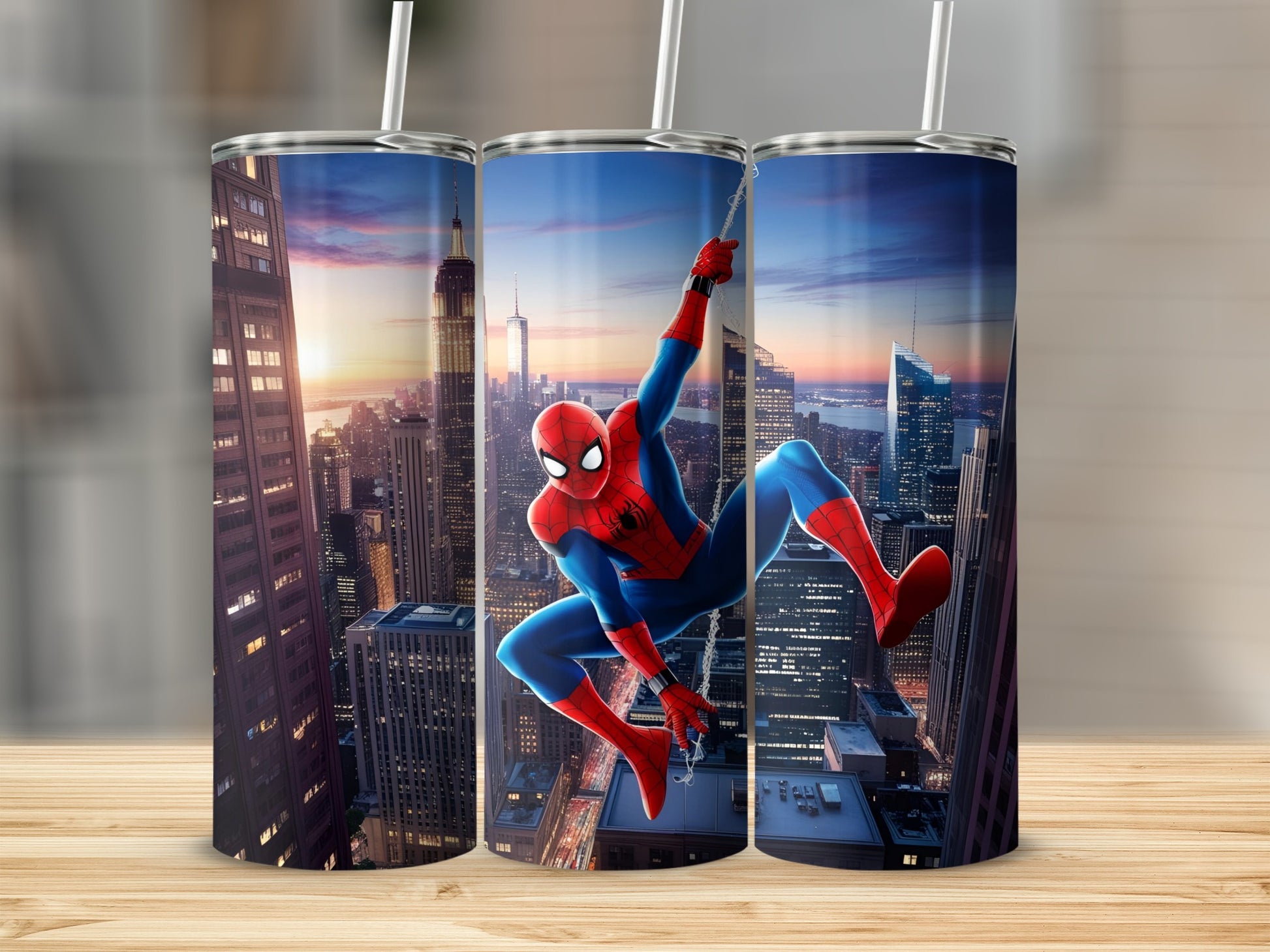 Spiderman swinging through a cityscape on a tall tumbler.