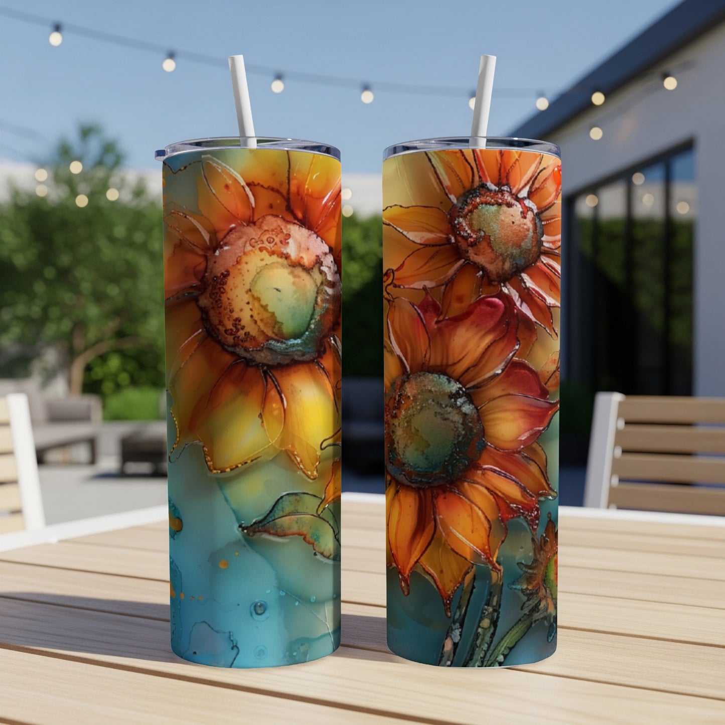 Two tumblers with a watercolor sunflower design sit on a table.