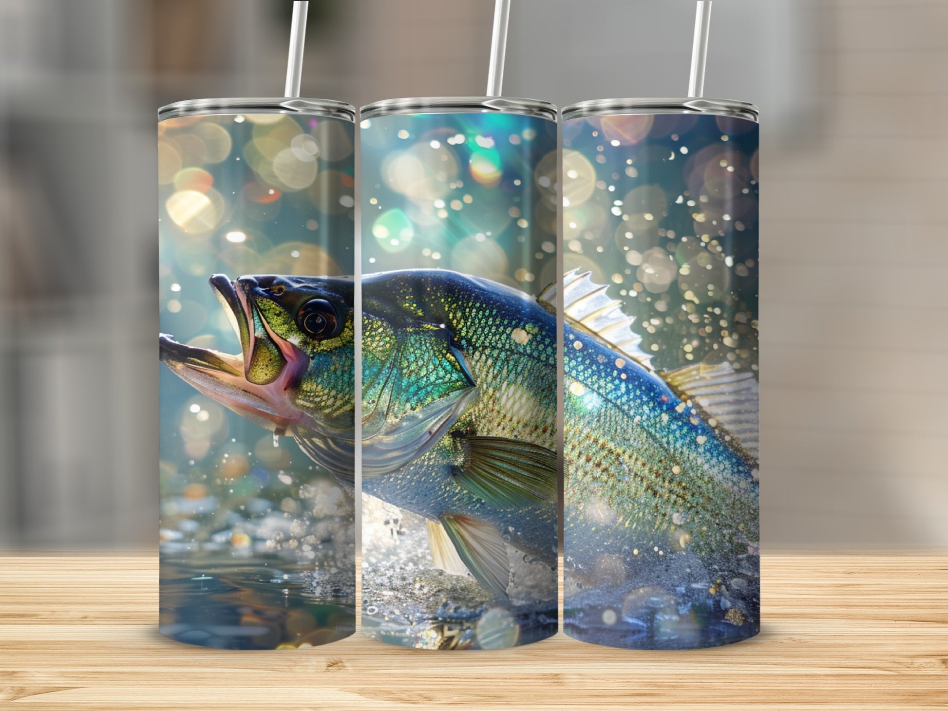 Three tumblers with a largemouth bass jumping out of water.