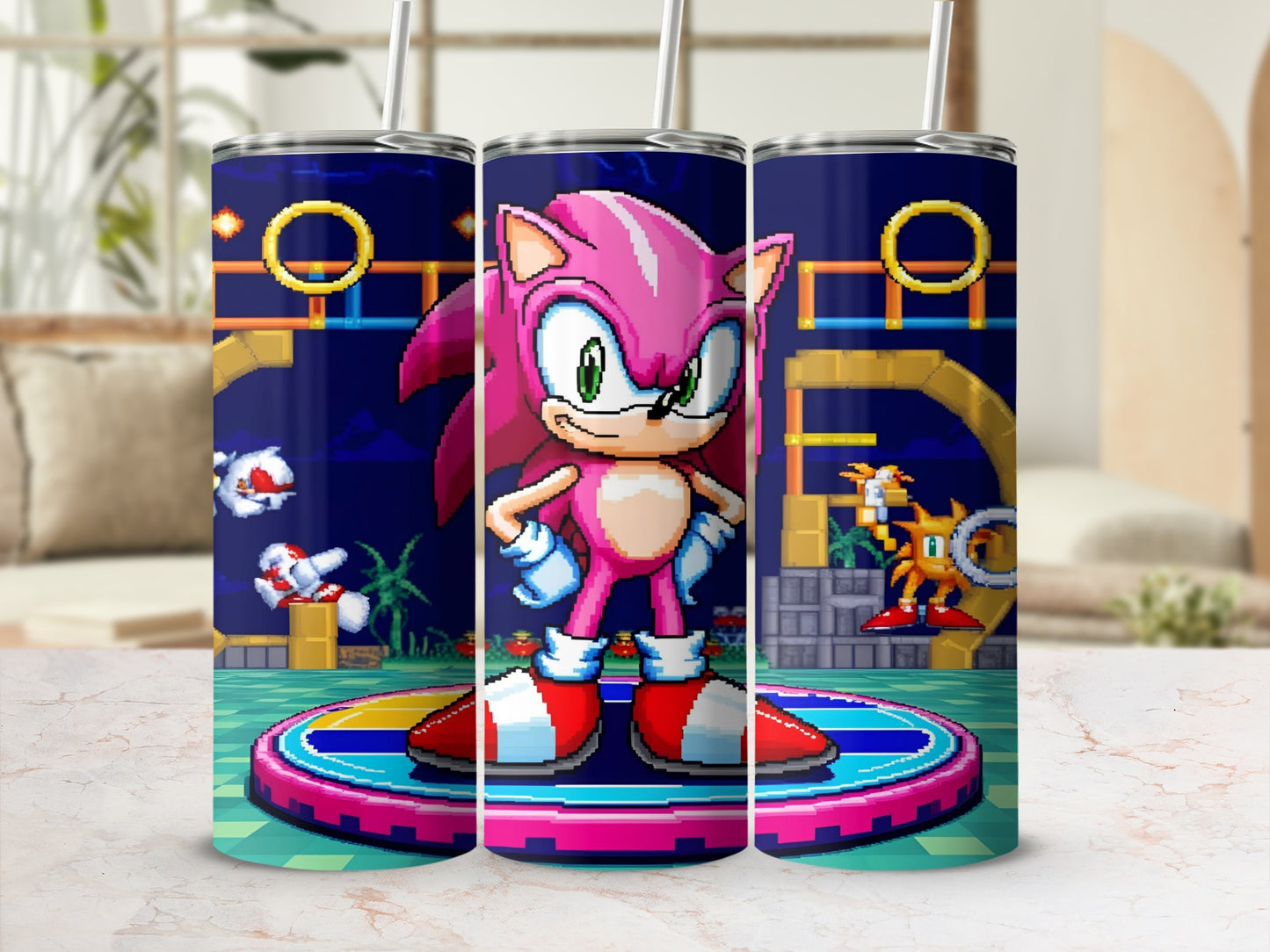 Pink Sonic the Hedgehog character on a circular platform with pixelated game background.