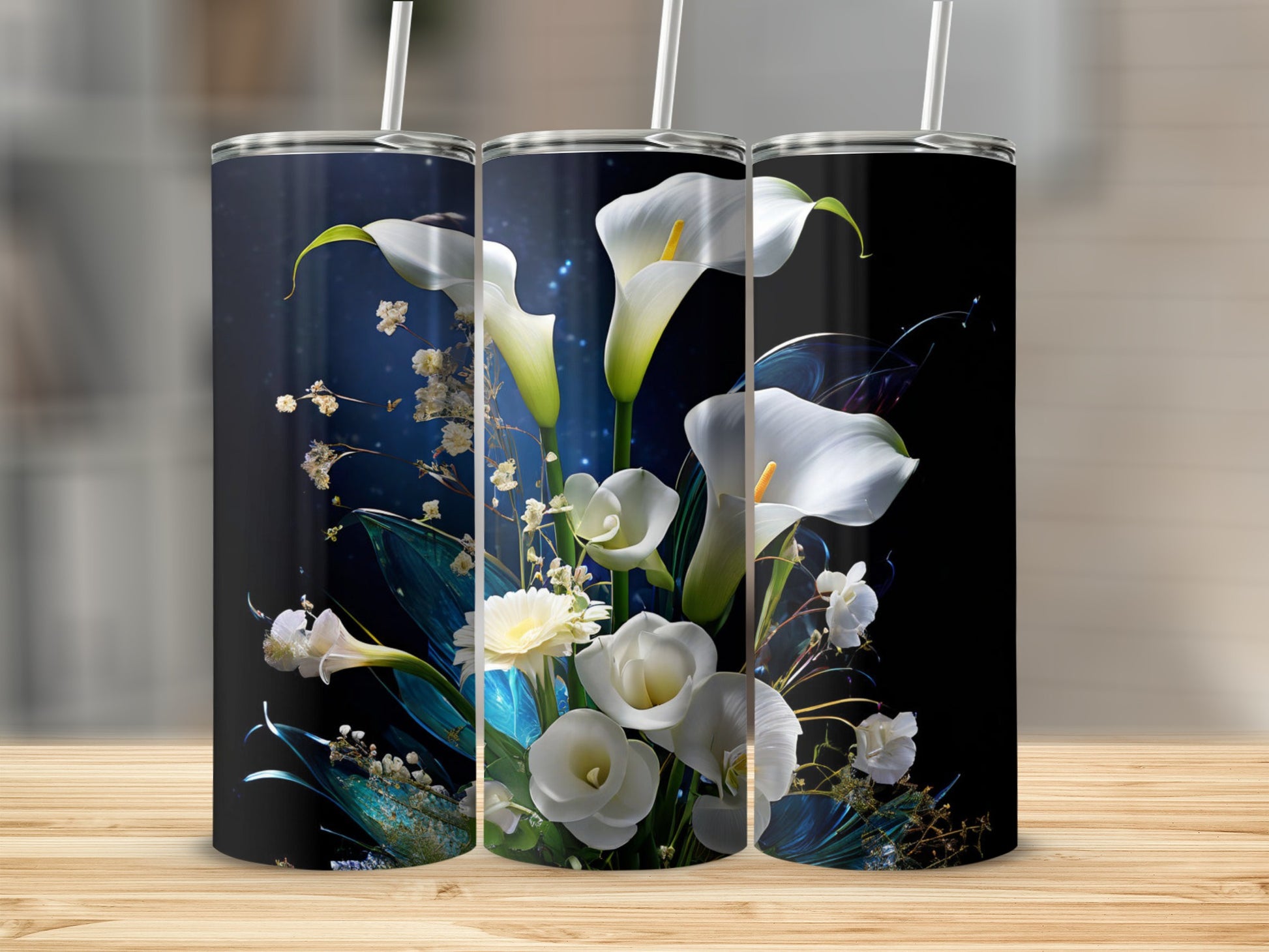 Three tumblers featuring a bouquet of white calla lilies and daisies.