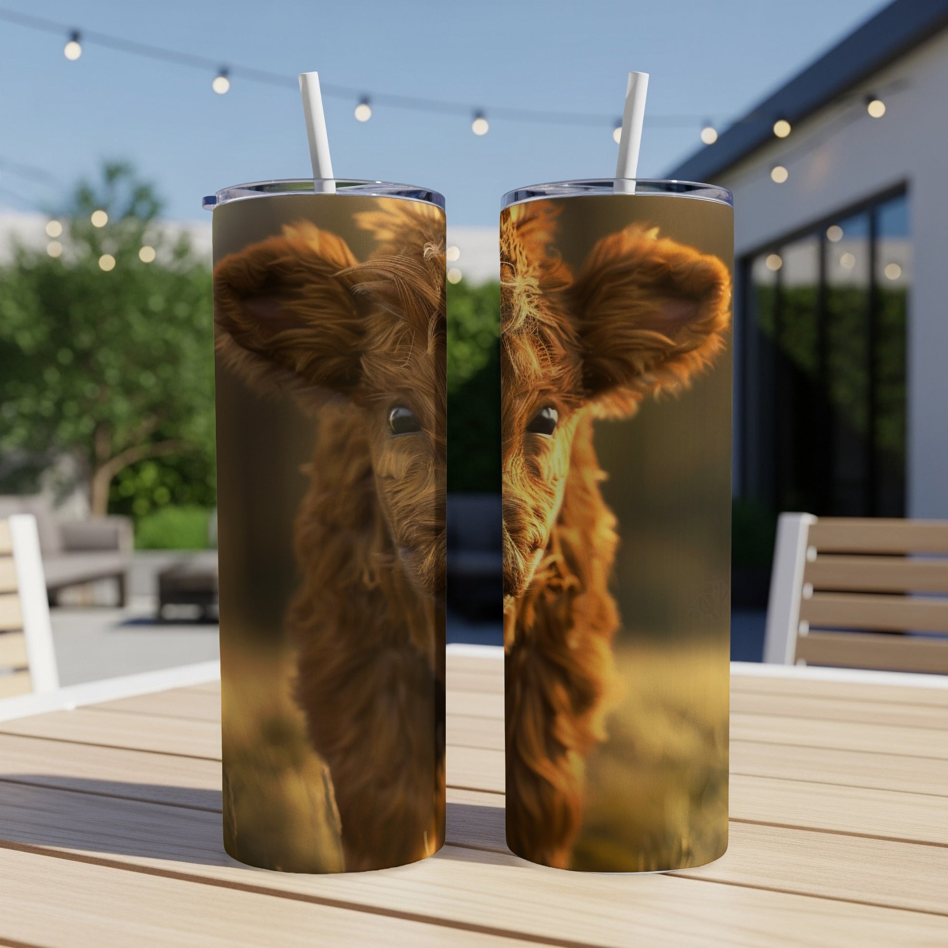 Two tumblers featuring a fluffy Highland cow cub's face.