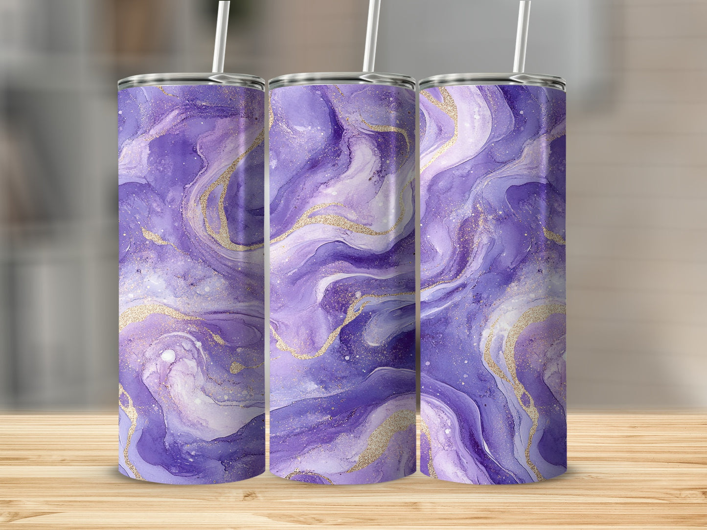Purple And Gold Abstract Swirls Modern Fluid Art Tumblers