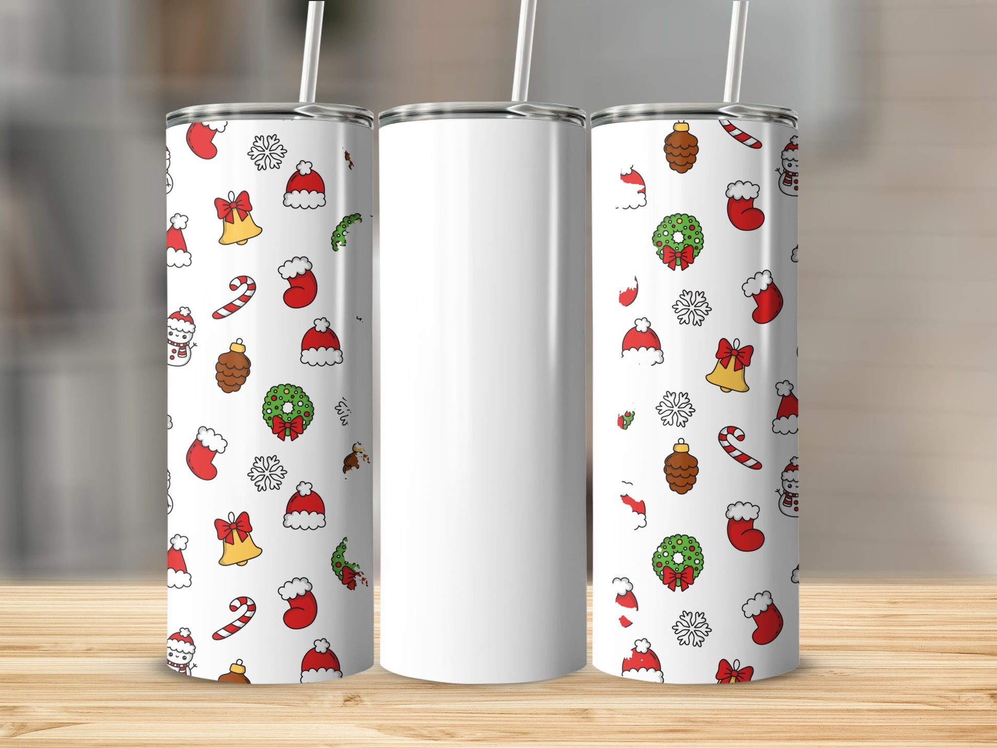 Festive Holiday Printed Tumbler with Straw Holiday Decor
