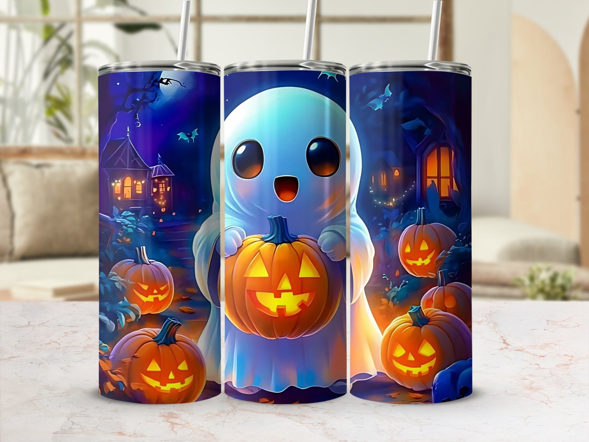Halloween themed tumblers with a cute ghost holding a jack-o'-lantern and spooky background.