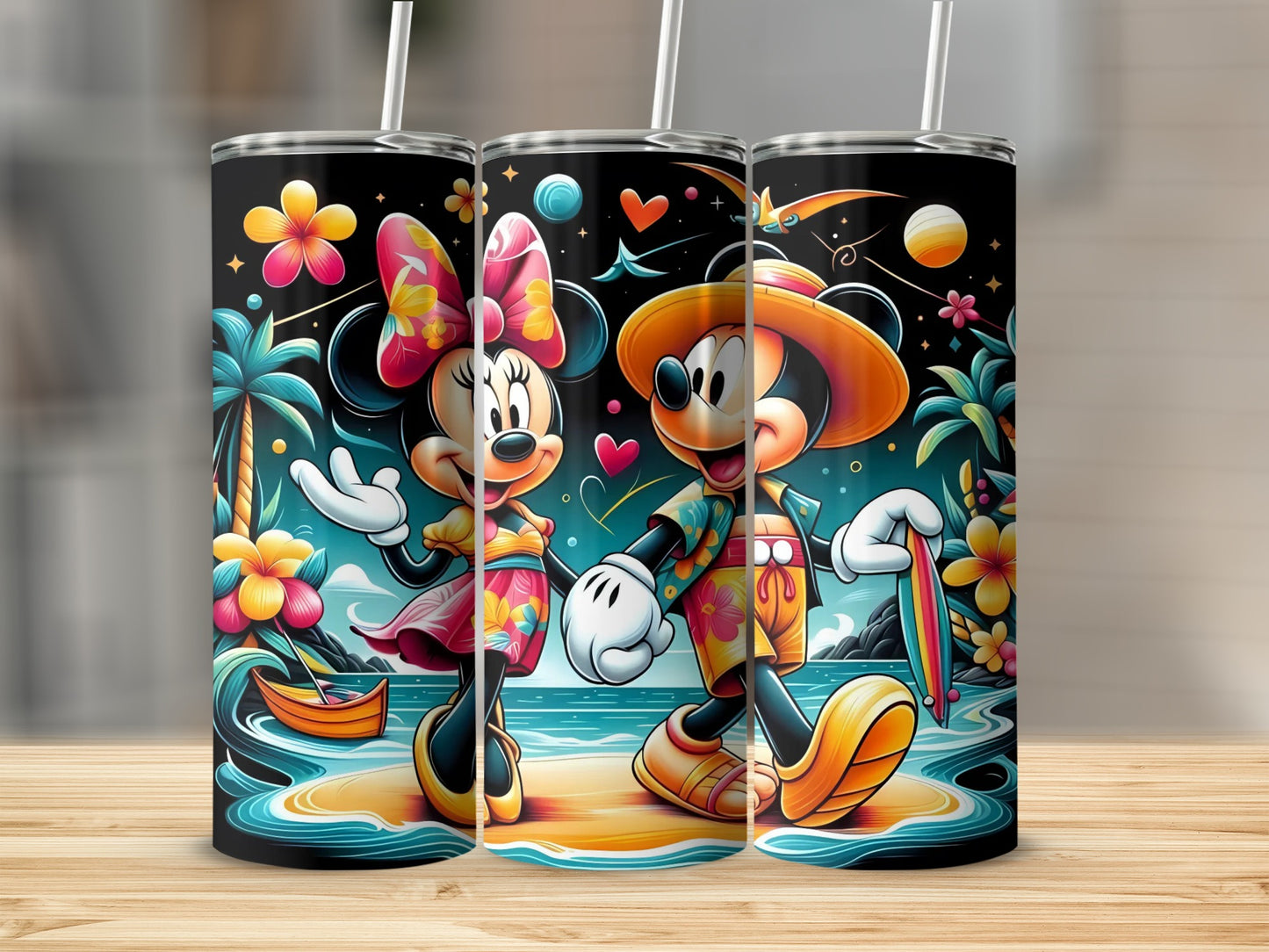 Cute Disney Characters in Tropical Beach Art Tumblers