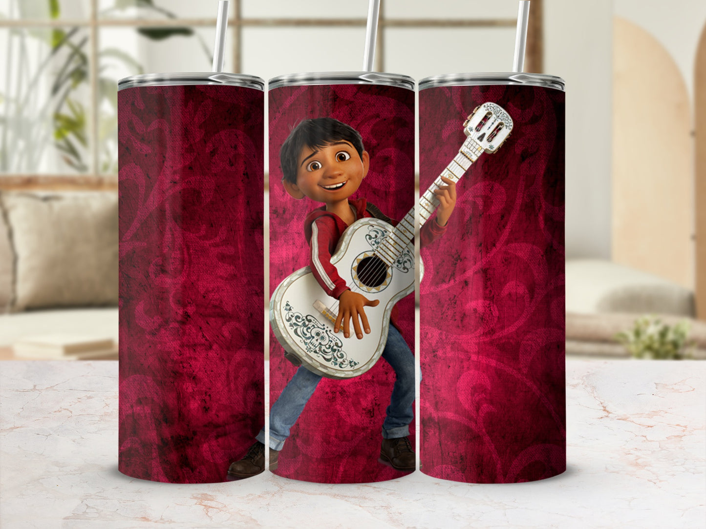 Kid with Guitar on Red Background Tumbler