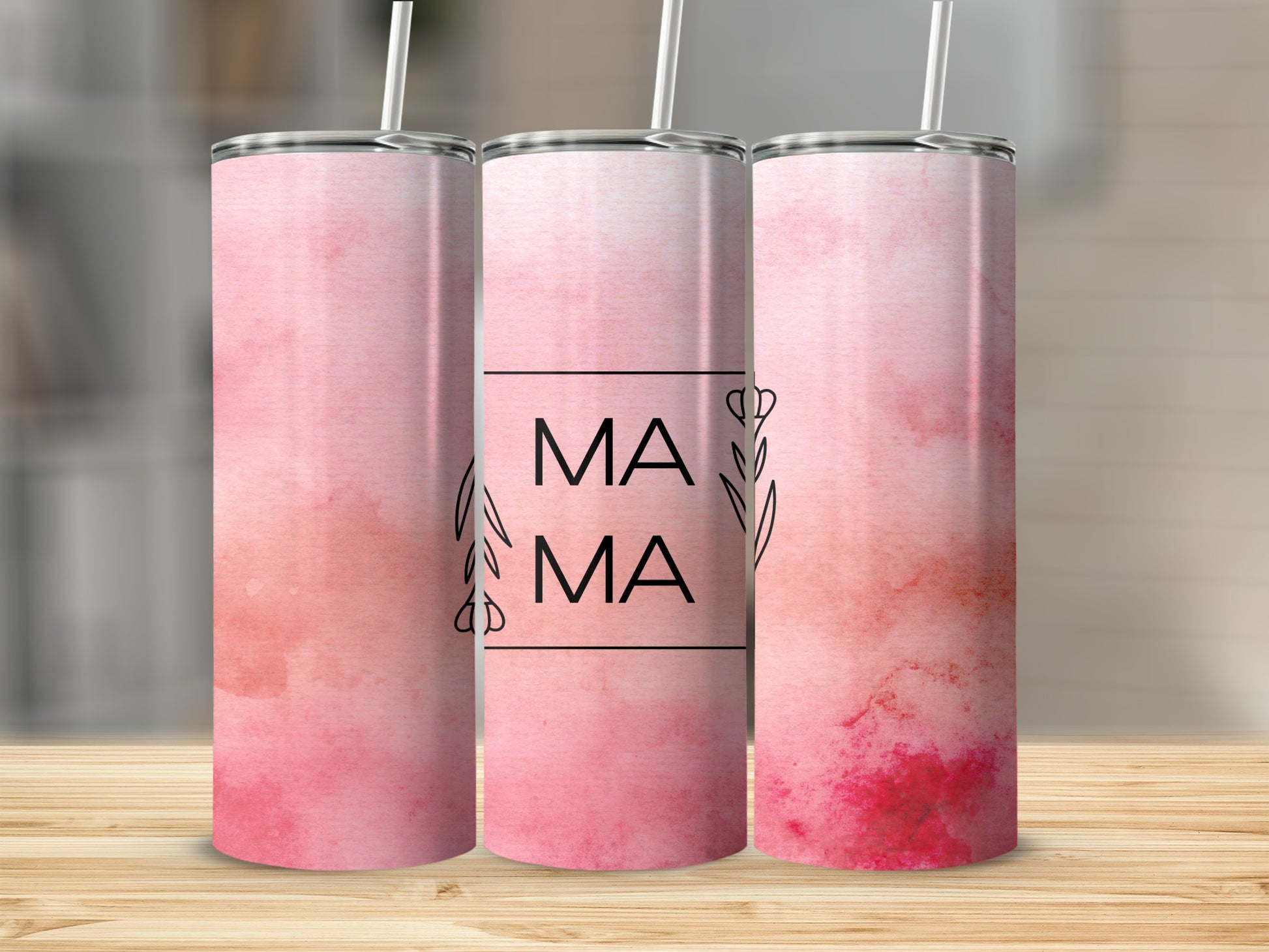 Pink watercolor tumbler with "Mama" text and floral design.