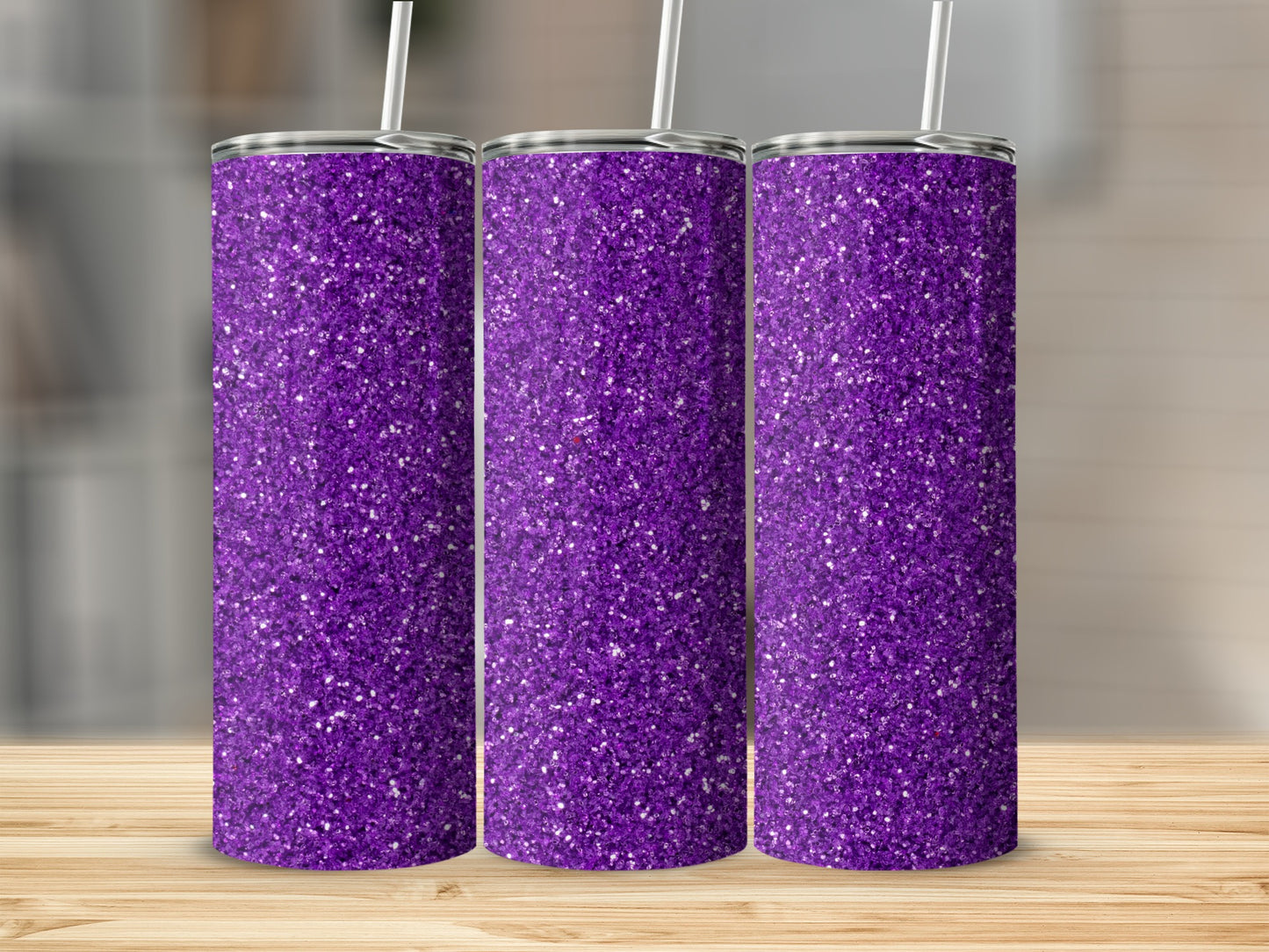 Sparkling Purple Glitter Tumbler with Straw Set of 3