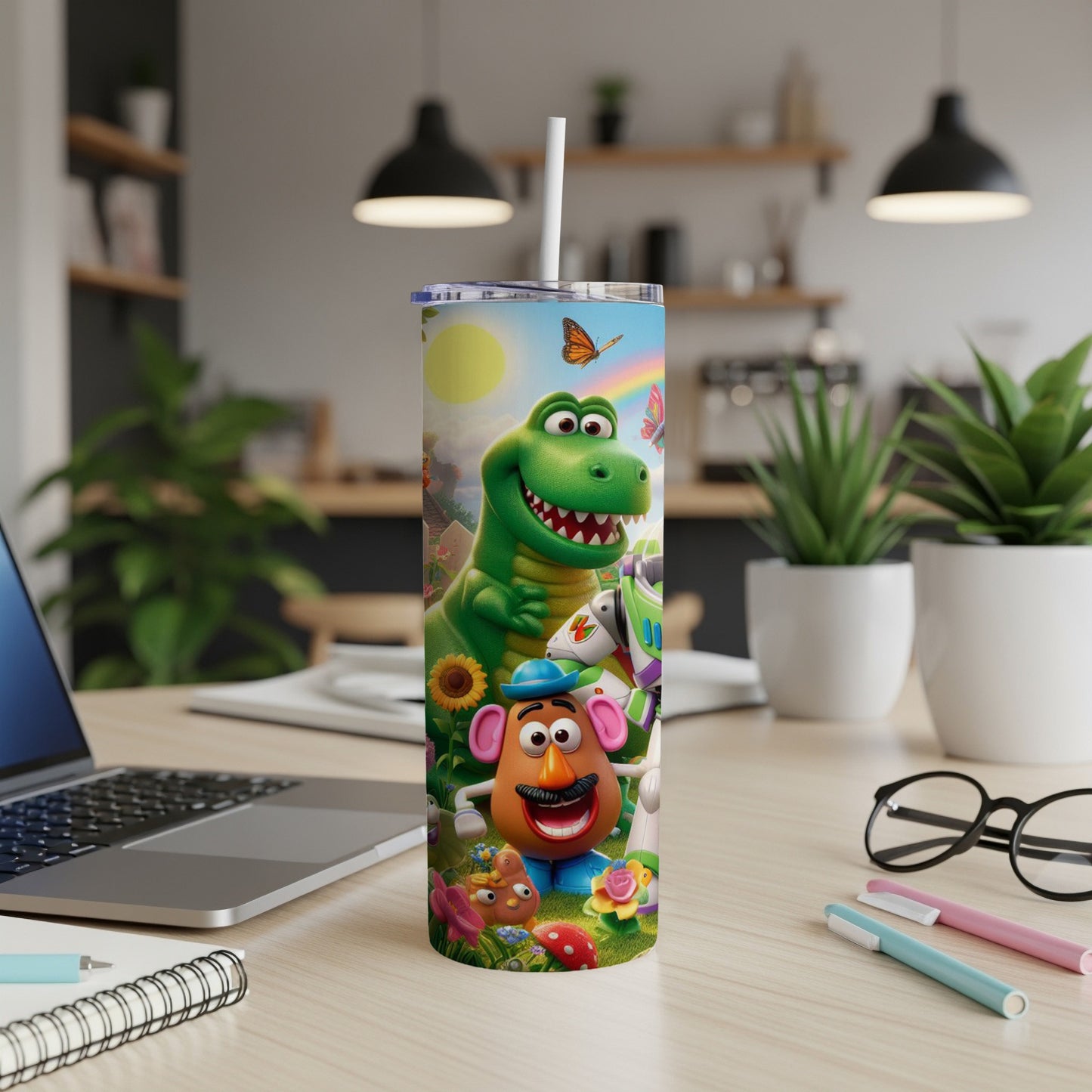 Toy Story characters on a tumbler with a laptop and office supplies.